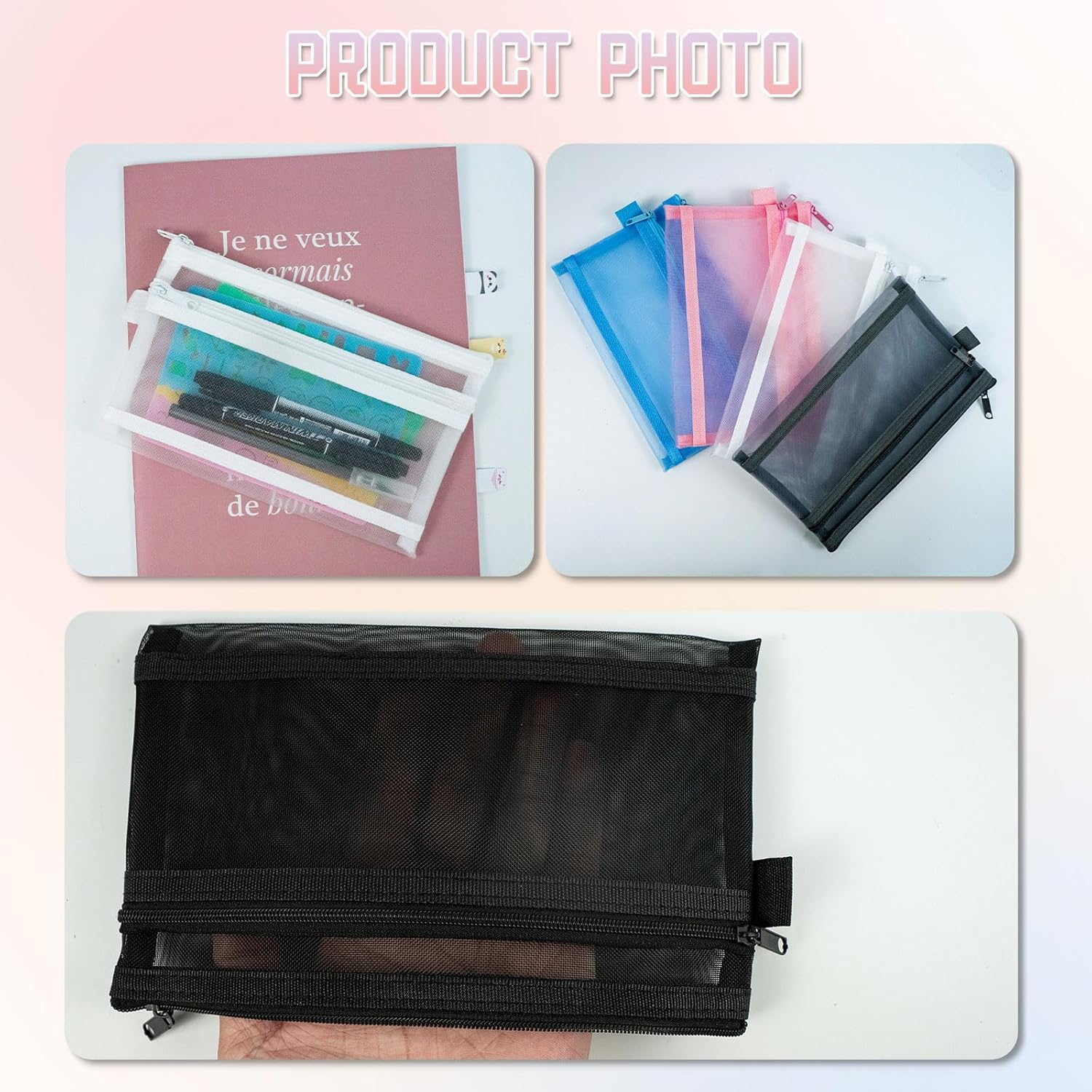 5 Pcs Pencil Case Pouch Pencil Case Large Capacity Zipper Mesh Pen Pouch Double Multifunctional Stationery Organizer Storage Bag for Office Supplies Cosmetics Makeup Travel Accessories (Multicolour) image number 4