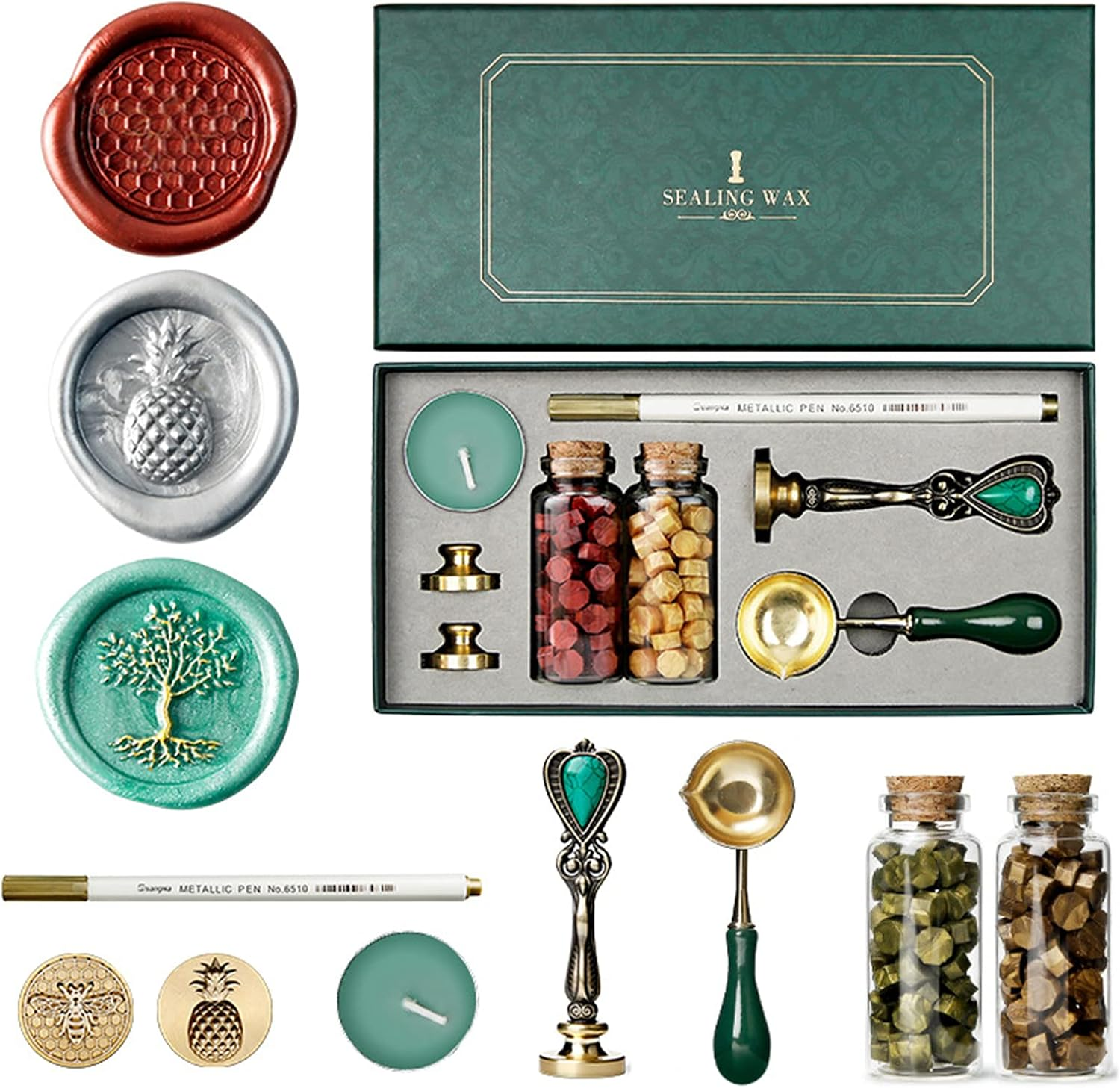 Eacam Wax Seal Stamp Kit Retro Wax Sealing Wax Beads Wax Melting Spoon Wax Seal Stamp Candle Copper Head Metallic Pen for Envelopes Letter Cards Wedding Invitations Gift Decoration Arts Crafts image number 5