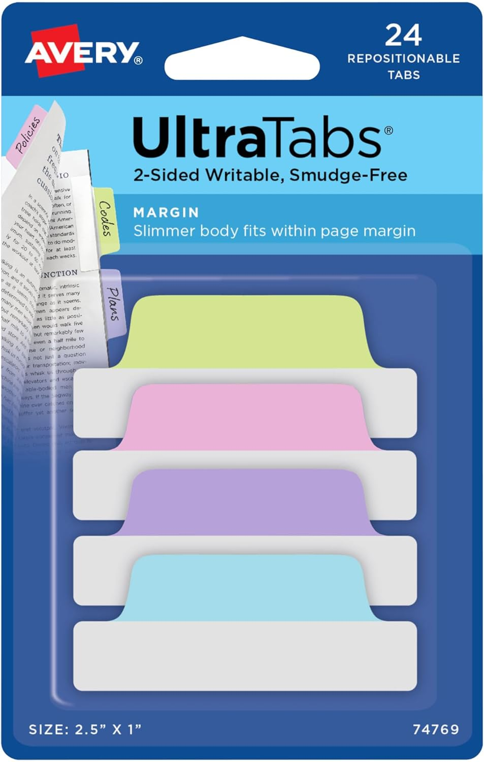 Avery Margin Ultra Tabs, 2.5" X 1", 2-Side Writable, Assorted Pastel Colors, 24 Repositionable Tabs (74769) image number 5