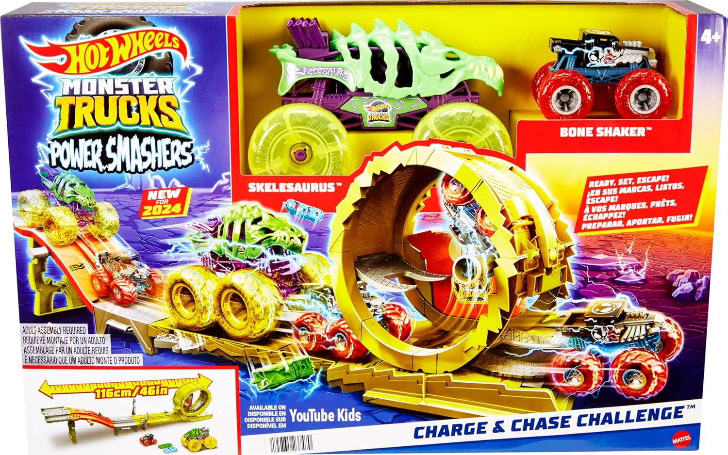 Hot Wheels Monster Trucks Track Set with 2 Toy Trucks: Oversized Skelesaurus & 1:64 Scale Bone Shaker, Charge & Chase Challenge with 2 Crushed Cars image number 1