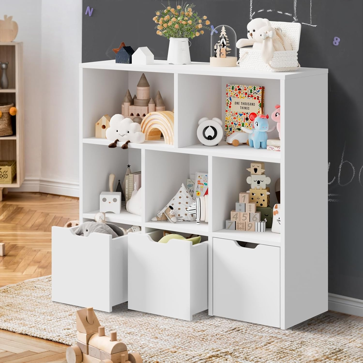 Oikiture Kids Bookshelf Toy Organiser Cabinet Bookshelf with Chest Storage