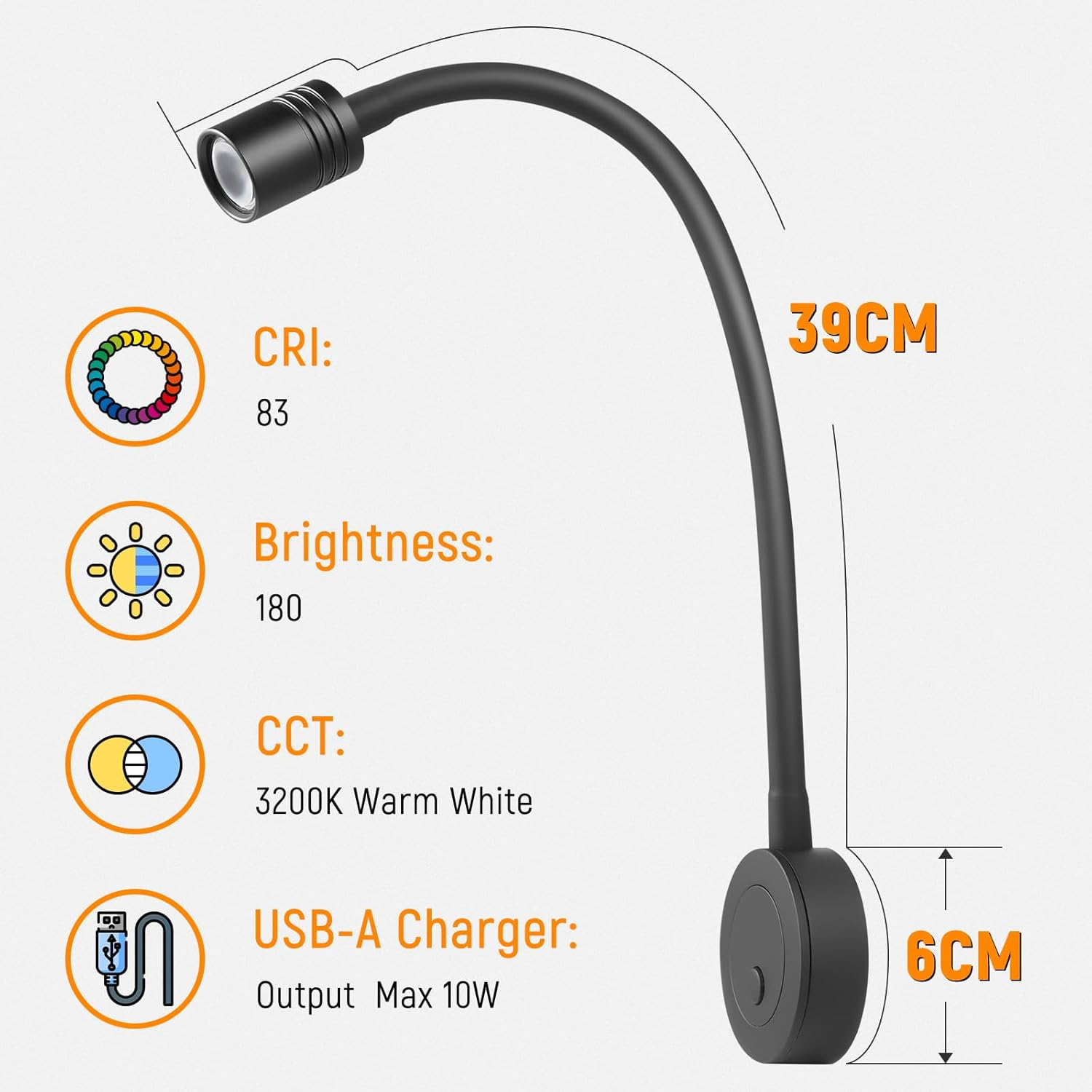 RV 12V LED Reading Light, Dimmable Bedside Reading Lamp for Caravan Boat Camper Van Travel Trailer Truck Cabin, 24V Flexible Gooseneck Spotlight with Push Switch&Usb Charger Port(Black) image number 2