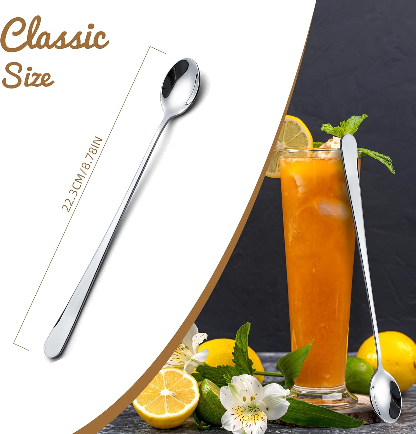 Tiokin Long Handle Spoons, 223Mm Teaspoons with Long Handle, Stainless Steel Stirring Spoons Set of 2, Mixing Ice Cream Spoon, Ideal for Iced Coffee Tea Milk Shake Sundeas Cool Drinking image number 6