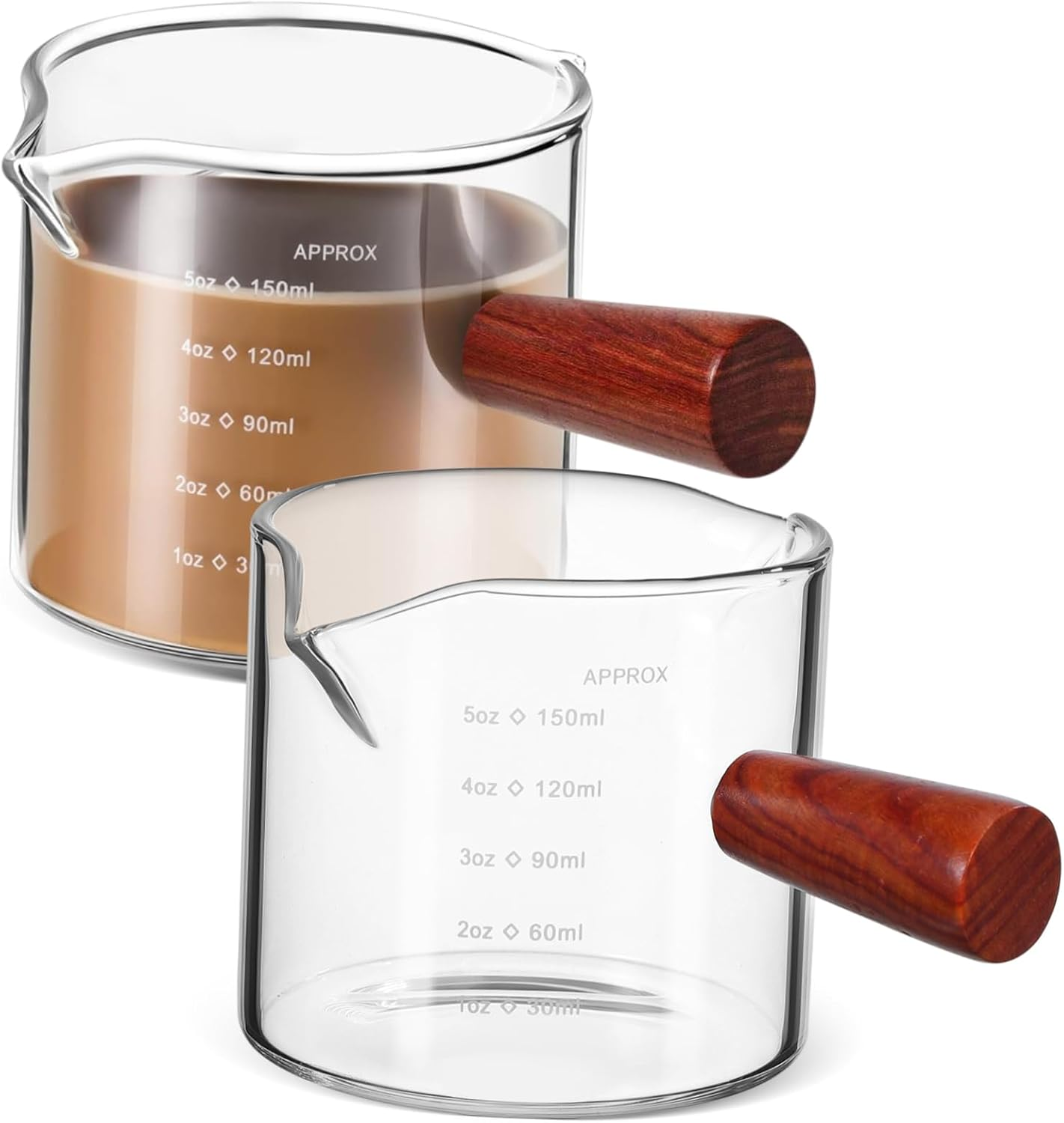 WEKADRIN 2 Pcs Glass Creamer Pitchers with Wood Handle Espresso Measuring Cups Graduated Borosilicate Glass for Coffee Milk Syrup Safe Rounded Edges Compact Design for Home and Cafe Use image number 5