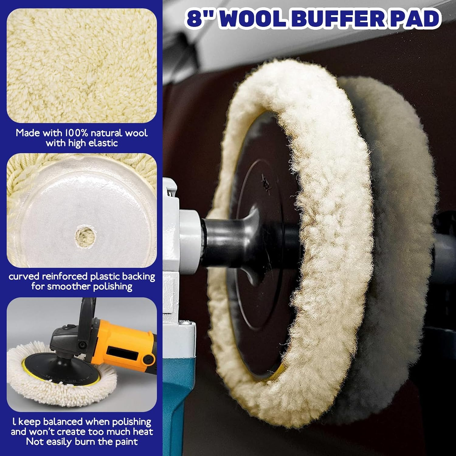 3Pcs 8" Wool Buffer Pad and 7" Hook and Loop Flexible Edge Polishing Backing Pad with Foam Buffing Pad Conditioning Brush for Compound Cutting Polishing and Automotive Car Detailing image number 2