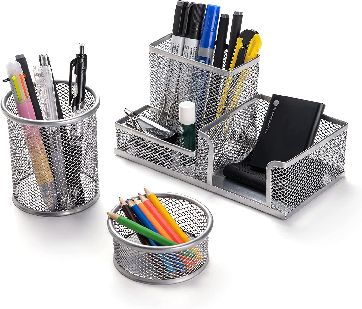 Desk Organisers Set with Pen Holder, Metal Mesh Pencil Holder for Office Desktop Storage and Organise, Desk Drawer Organizer for Small Desk Accessories and Stationeries, Back to School Gifts