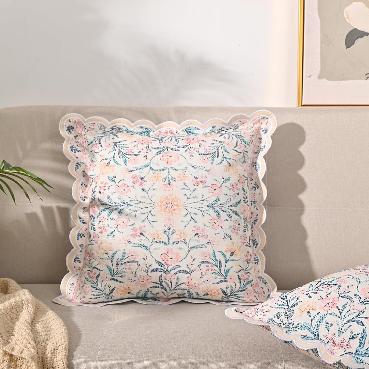 Fjdcslwx Boho Floral Throw Pillow Covers Set of 2 Colorful Bohemian Flower Decorative Scalloped Wavy Edge Designs Pillowcase for Bedroom Sofa Living Room Bed Square Pillow Case Cushion 18X18 Inch - Pink image number 4