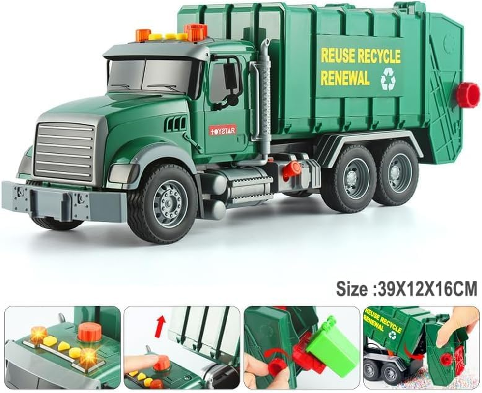Kid Trucks, 15" Large Garbage Truck Toy, Friction Powered Waste Management Garbage Truck with Lights and Sounds,3 Trash Cans, Kids Toys for 3+ Years Old Boys, Vehicles for Kids Toddlers Gifts image number 1