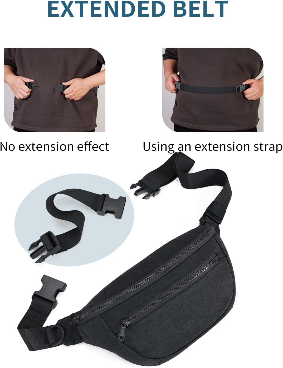 Fanny Pack for Women Men,Waist Bag Pack with Extra Extension Belt, Water Resistant Fashion Crossbody Belt Bags for Travel Walking Running Hiking, Pink Patent Pending, Black image number 1