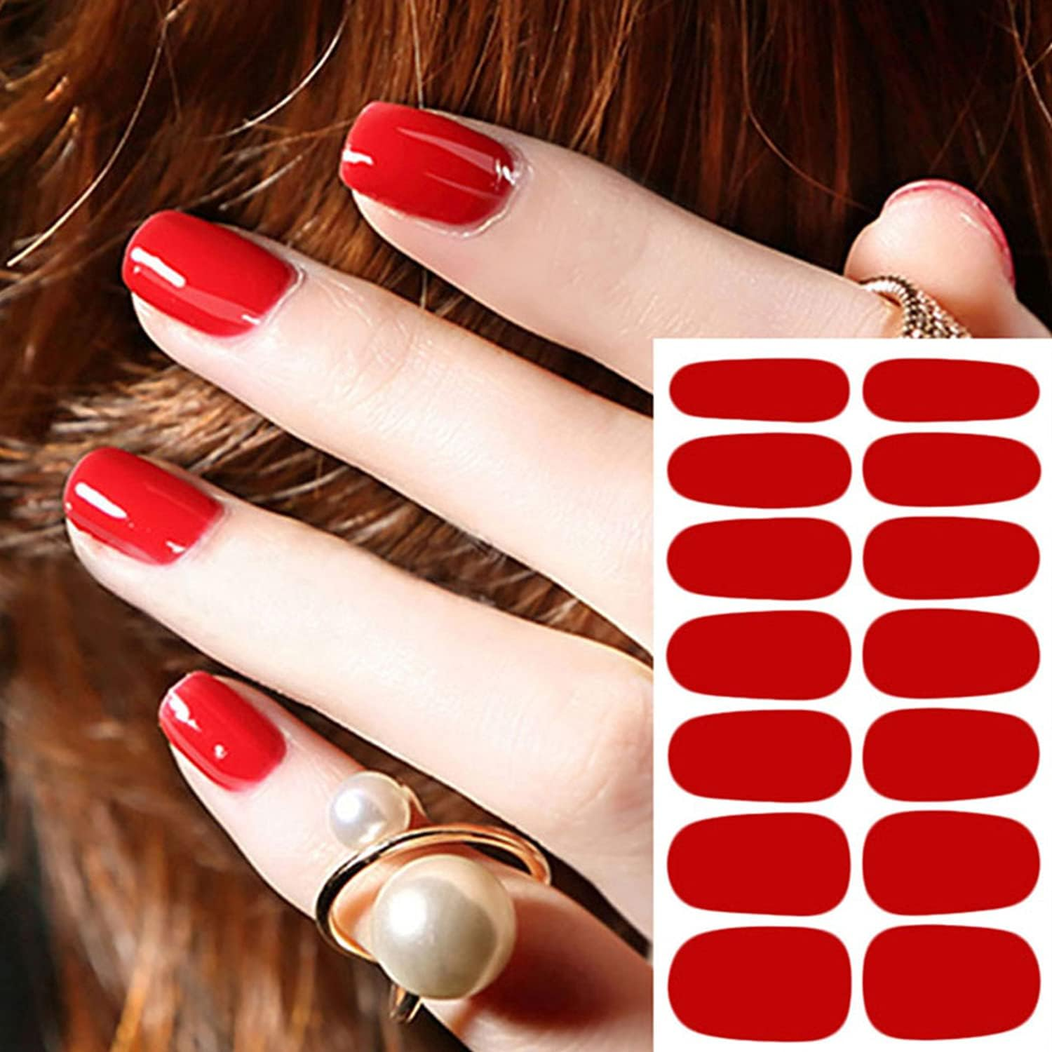 WOKOTO 20 Sheets Red Series Solid Color Full Nail Wraps with Nail File Self-Adhesive Nail Polish Stickers Real Nail Polish Strips for Women Stick on Nails Strips image number 5