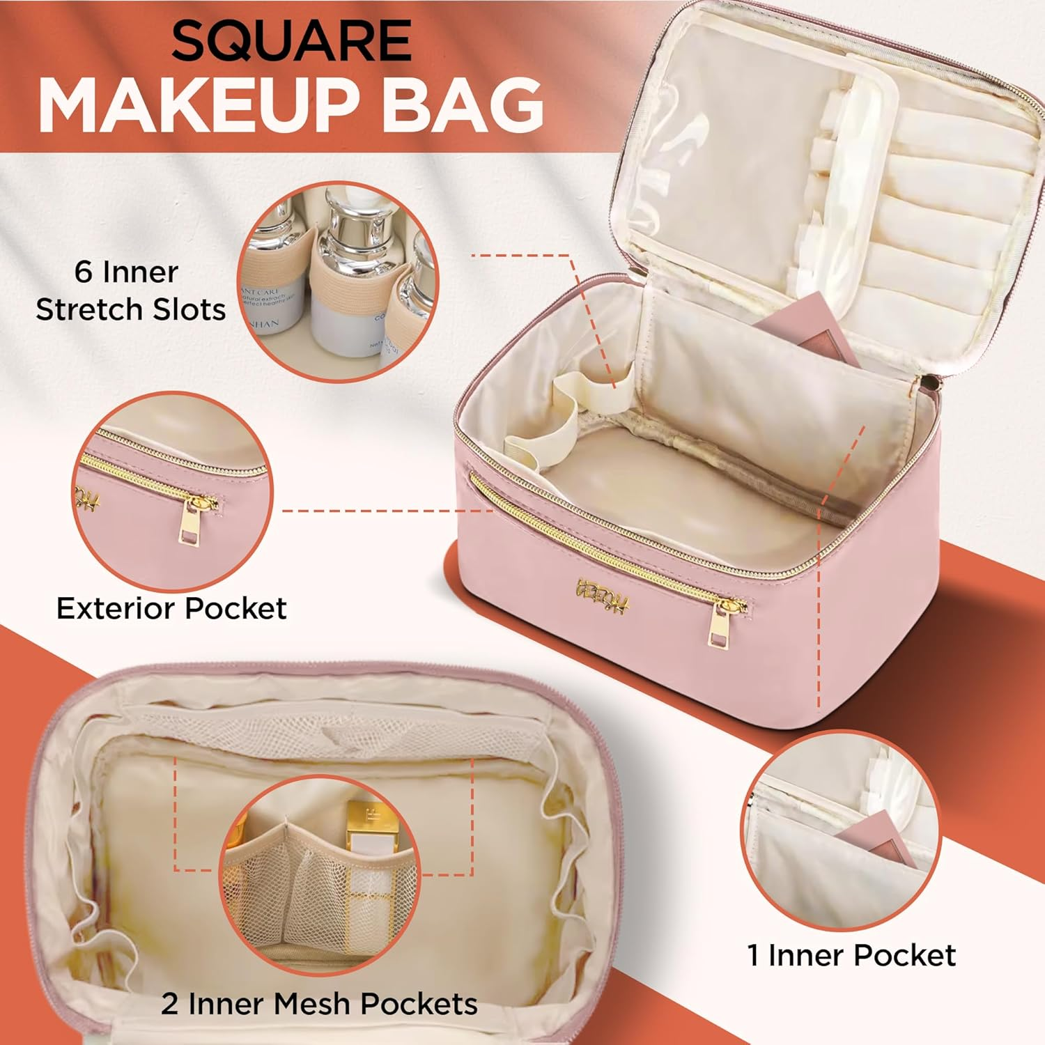 Leesh & CO Makeup Bag - Large Travel Cosmetic Organizer with Brush Holders for Women - Eco-Friendly Vegan Leather, Waterproof & Durable Cosmetics Bag - Perfect for Toiletries, Beauty Products (Pink)