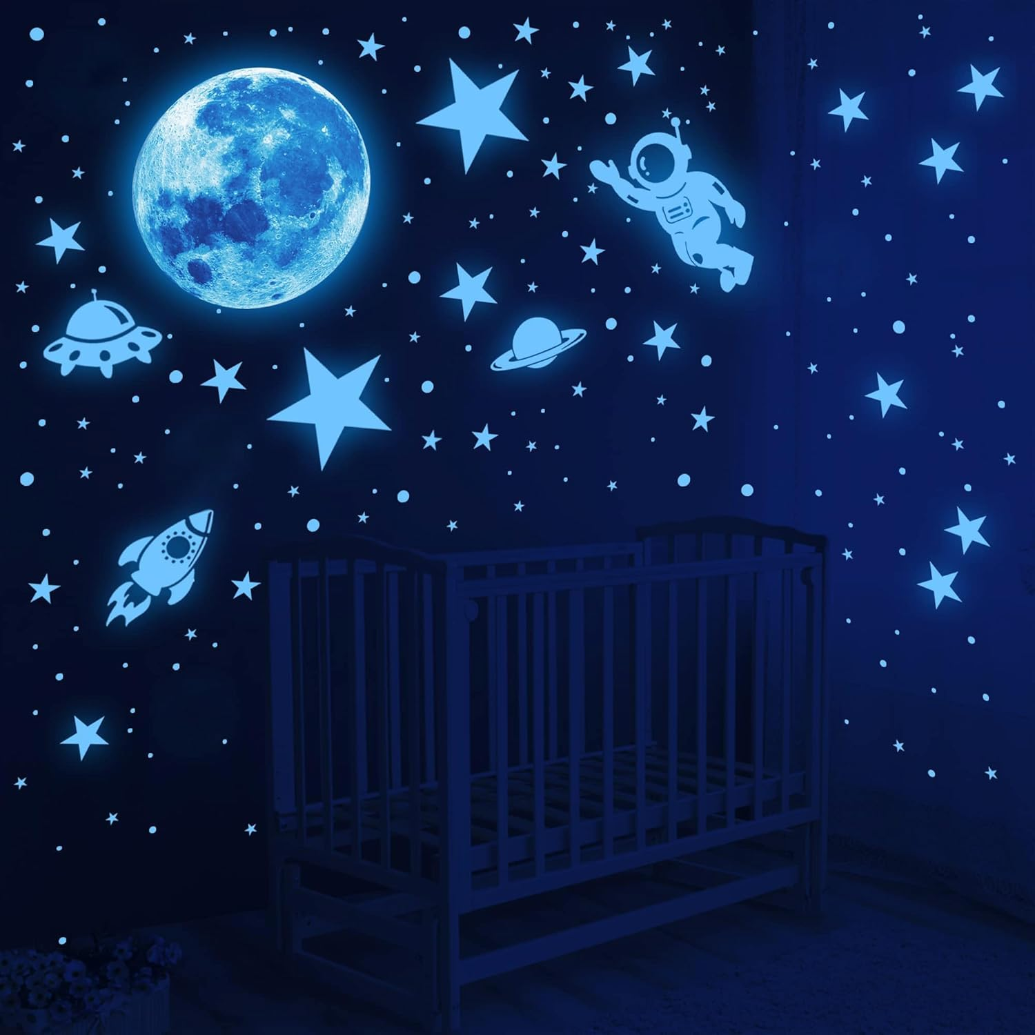 Glow in the Dark Stars and Planet Wall Stickers,Galaxy Astronaut Rocket Spacecraft Alien Decoration,Planet Wall Decals,Bright Solar System Wall Stickers for Kids, Lanets Spaceship Stars Blue image number 2