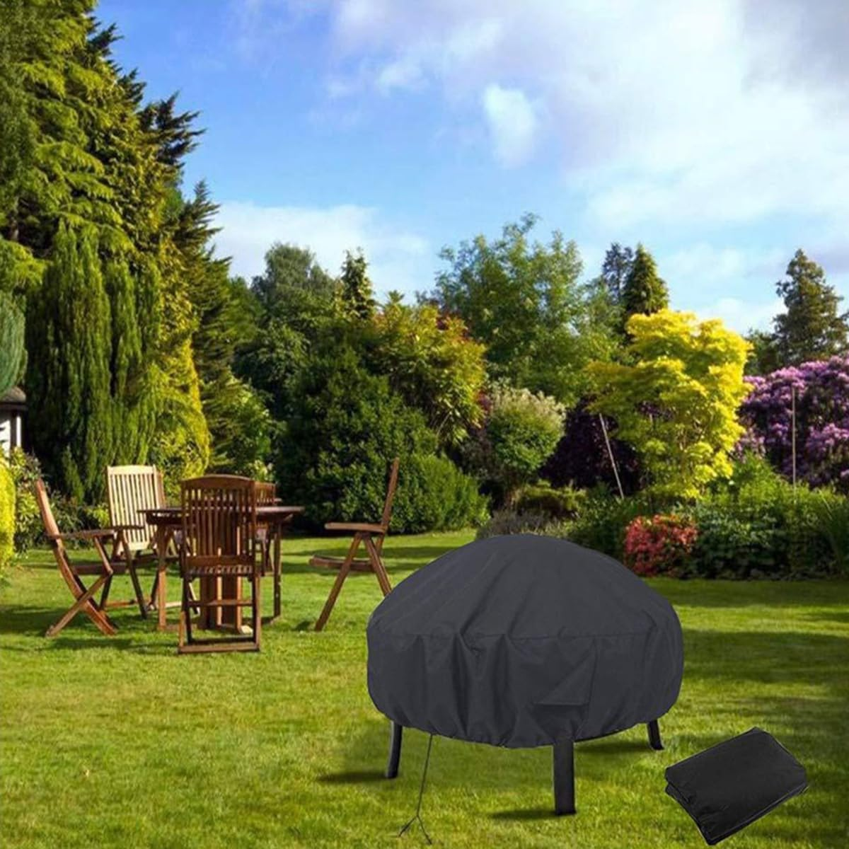 NUZAMAS round Fire Pit Cover 102X46Cm Waterproof Dust-Proof Outdoor Garden Patio Protective Cover with Drawstring Patio Fireplace Cover for Stove Black image number 6