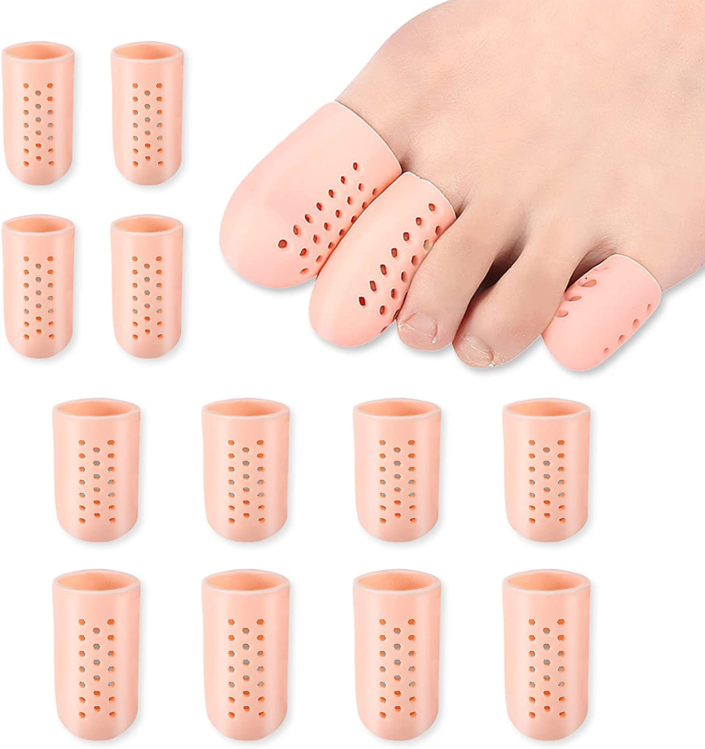 12Pcs 3 Sizes Gel Toe Protectors Breathable, Blister Toe Caps with Holes, Reusable Toe Covers Women Men for Hammer Toes, Toe Guards for Feet, Missing or Ingrown Toenails (White)
