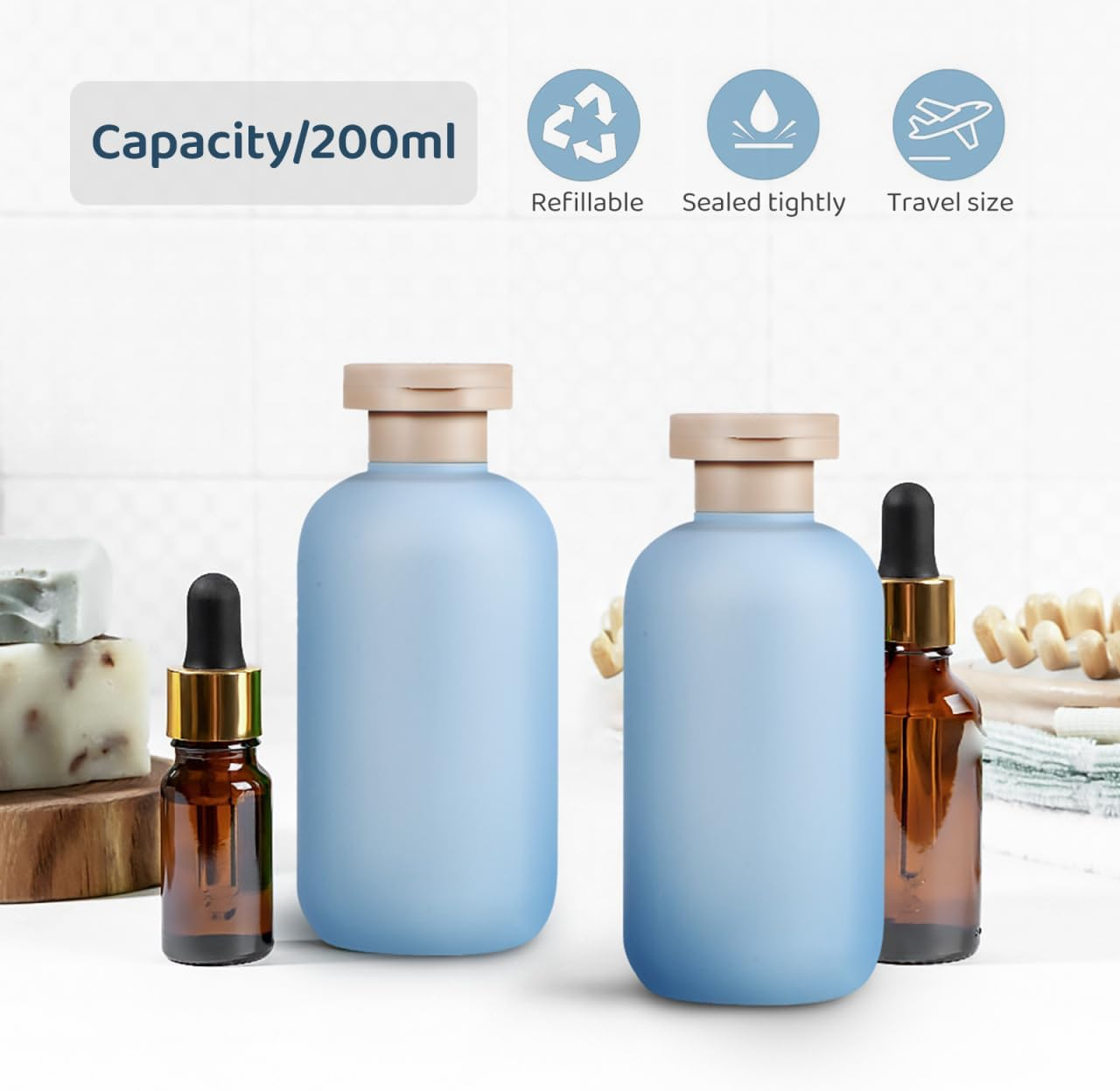 Baluue 2Pcs Refillable Shampoo Bottle, Flip Cap Squeeze Bottle for Toiletries, Leakproof, Empty Plastic Bottles for Conditioner, Lotions and Creams, 200Ml image number 3