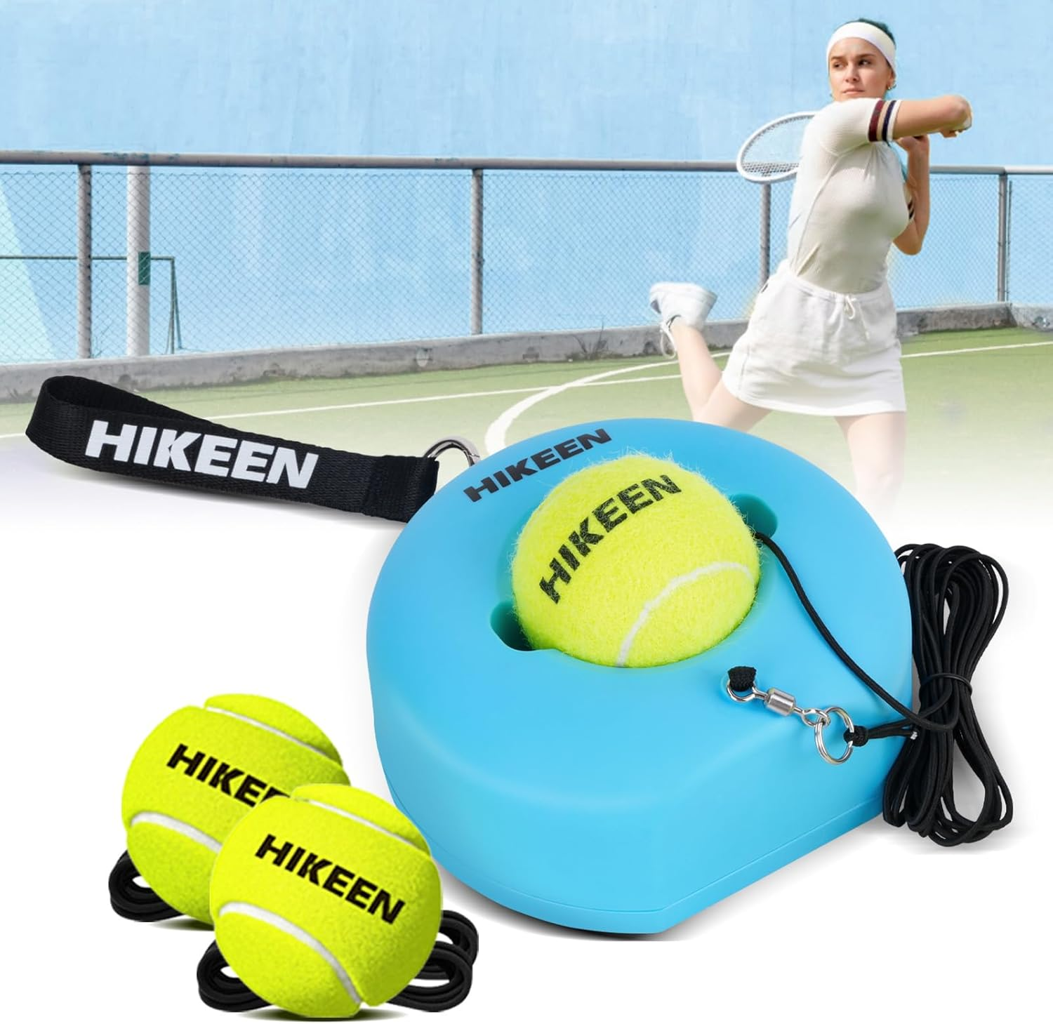 Hikeen Premium Tennis Trainer Rebound with Metal Base,Portable Solo Tennis Trainer Set with 3 Highly Elastic String Balls,Tennis Practice Equipment for Adult Kids an Beginners