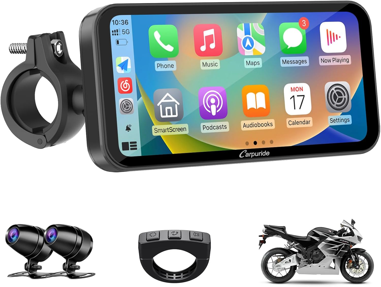 Carpuride W603D Motorcycle GPS Carplay Screen, Wireless Carplay & Android Auto for Moto, with HD 1080P Dual Cameras, Remote Control，6.3" Waterproof Touchscreen, BT Aduio, Loop Recording, Navigation image number 3