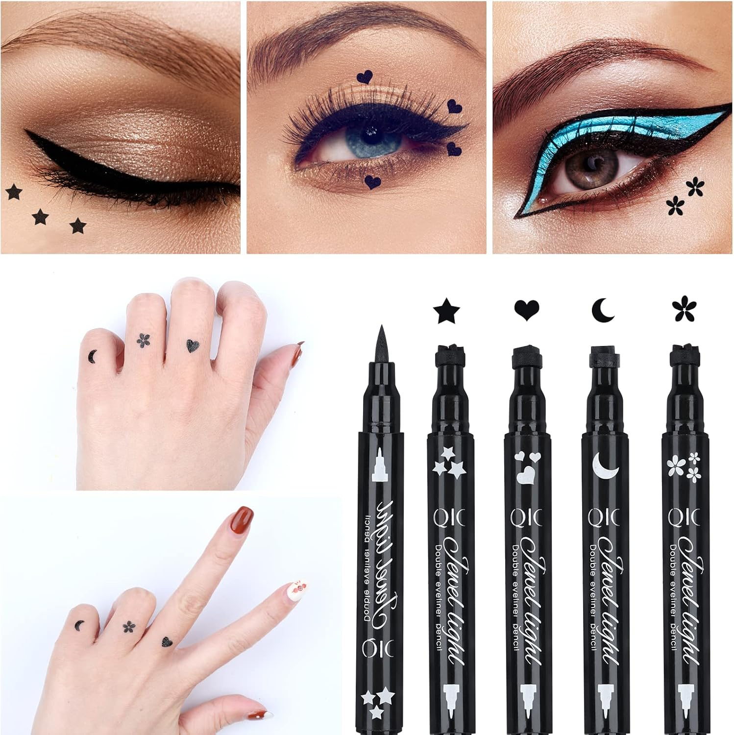 Yuccer Pack of 4 Liquid Eyeliner Stamps Waterproof Black Eyeliner Liquid Eye Liner Eye Makeup (Star+Moon+Heart+Flower) image number 3
