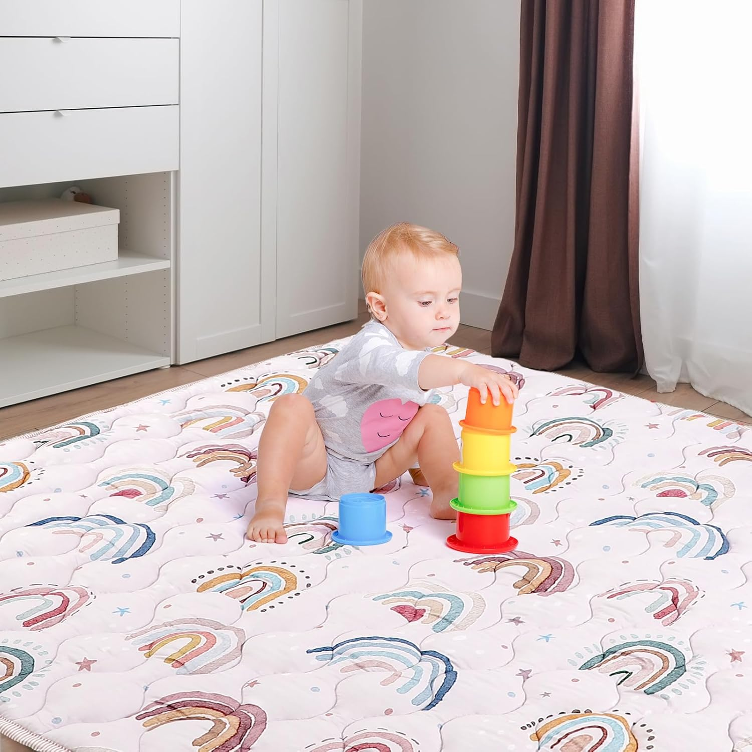 Baby Play Mat for Floor, 127X127 Cm Playpen Padded Mat for Baby, Soft Infant Tummy Time Crawling Mat,Anti Slip, Pink Rainbow image number 3