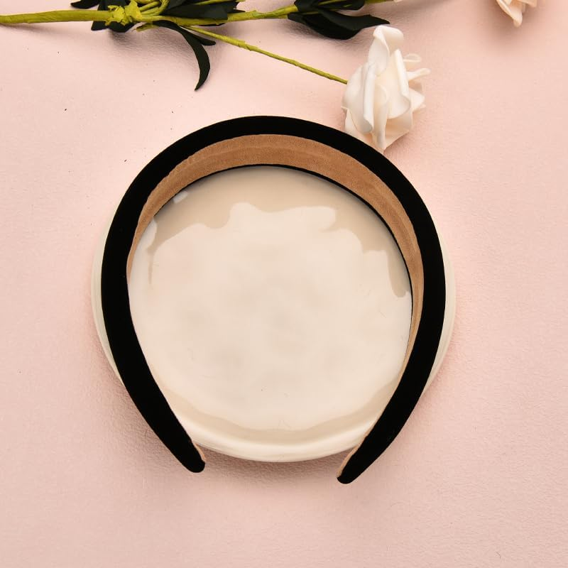 Black Velvet Headband Wide Padded Headbands Soft Puffy Headband for Women Girls Sponge Headbands for Yoga Sports No Slip Hairband for Thick Thin Hair Styling Accessories image number 3