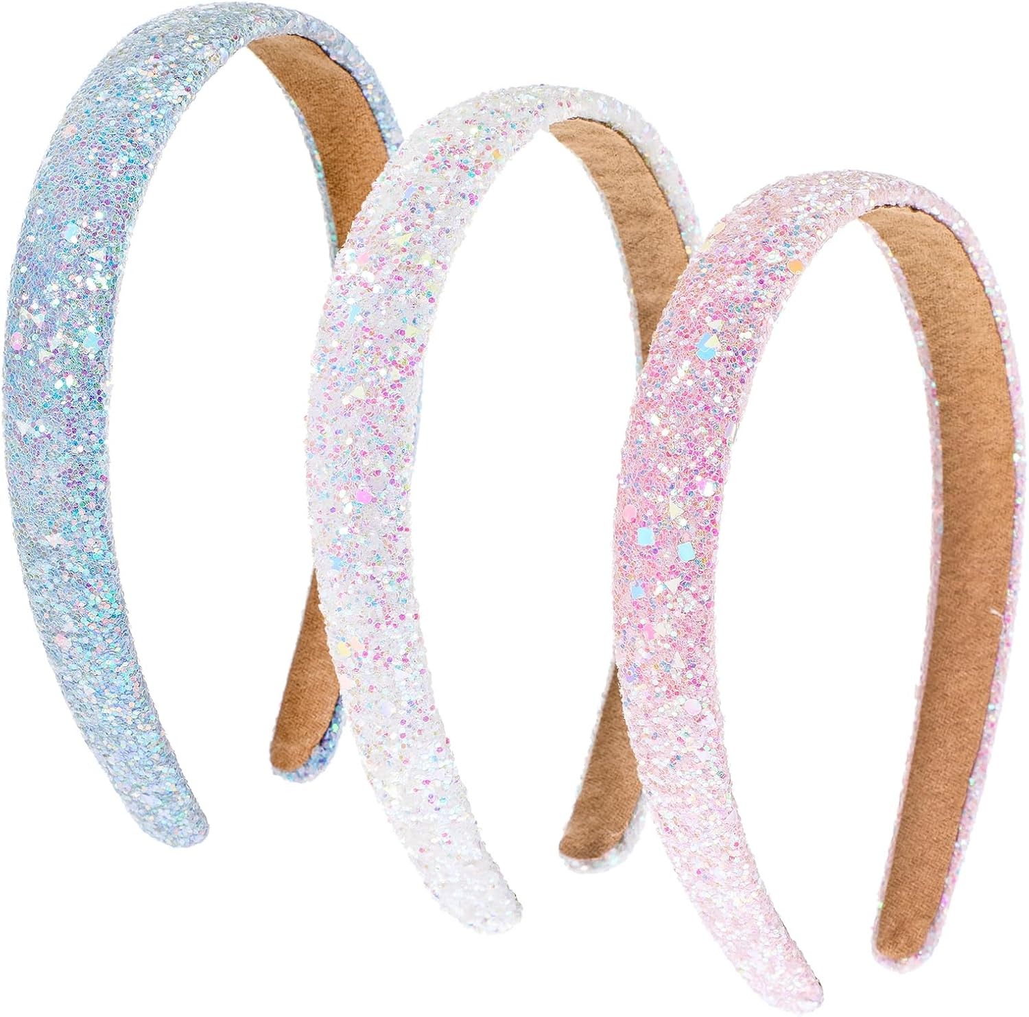 3PCS Kids Headbands for Girls Sparkly Headbands Wide Padded Hair Bands Thick Bling Fashion Cute Daily Accessories for Girls and Women (5.7&times;4.5 Inches, Pink + Sky Blue + White) image number 5
