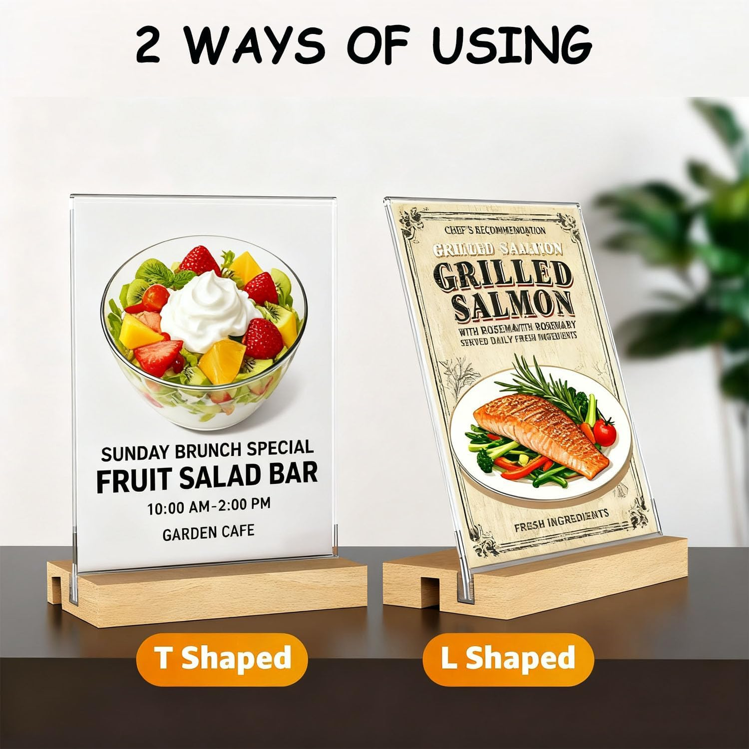 3 Pack A5 Acrylic Sign Holder with Wood Base,Clear Table Display Stand,L/T Shape Vertical & Slant Back Display,Double-Sided Tabletop Display Stand for Wedding, Restaurant, Store, Office, Hotel image number 6
