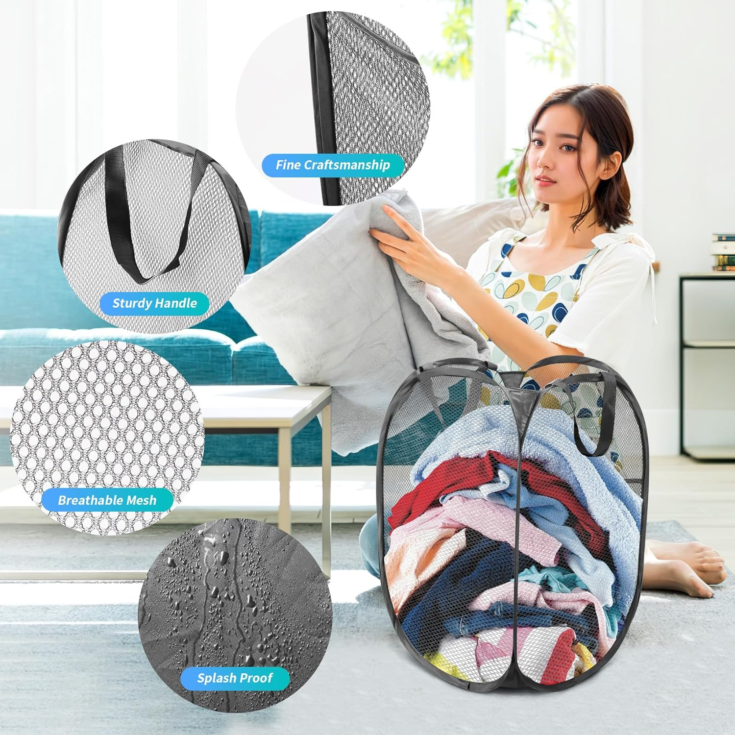 Annhua Collapsible Laundry Basket 75L Mesh Hamper with Handles, Portable Washing Bin with Square Opening for Home, Travel & Bathroom - Black image number 4