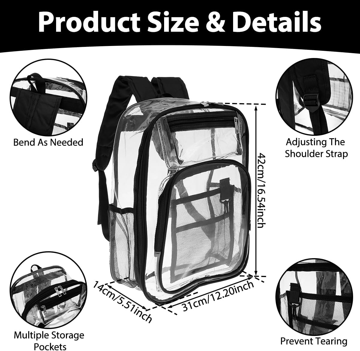 Clear Backpack Transparent Durable PVC Book Bag with Multiple Pockets Reinforced Stitching See through Backpack with Adjustable Shoulder Strap Waterproof Large Capacity School Bag image number 2