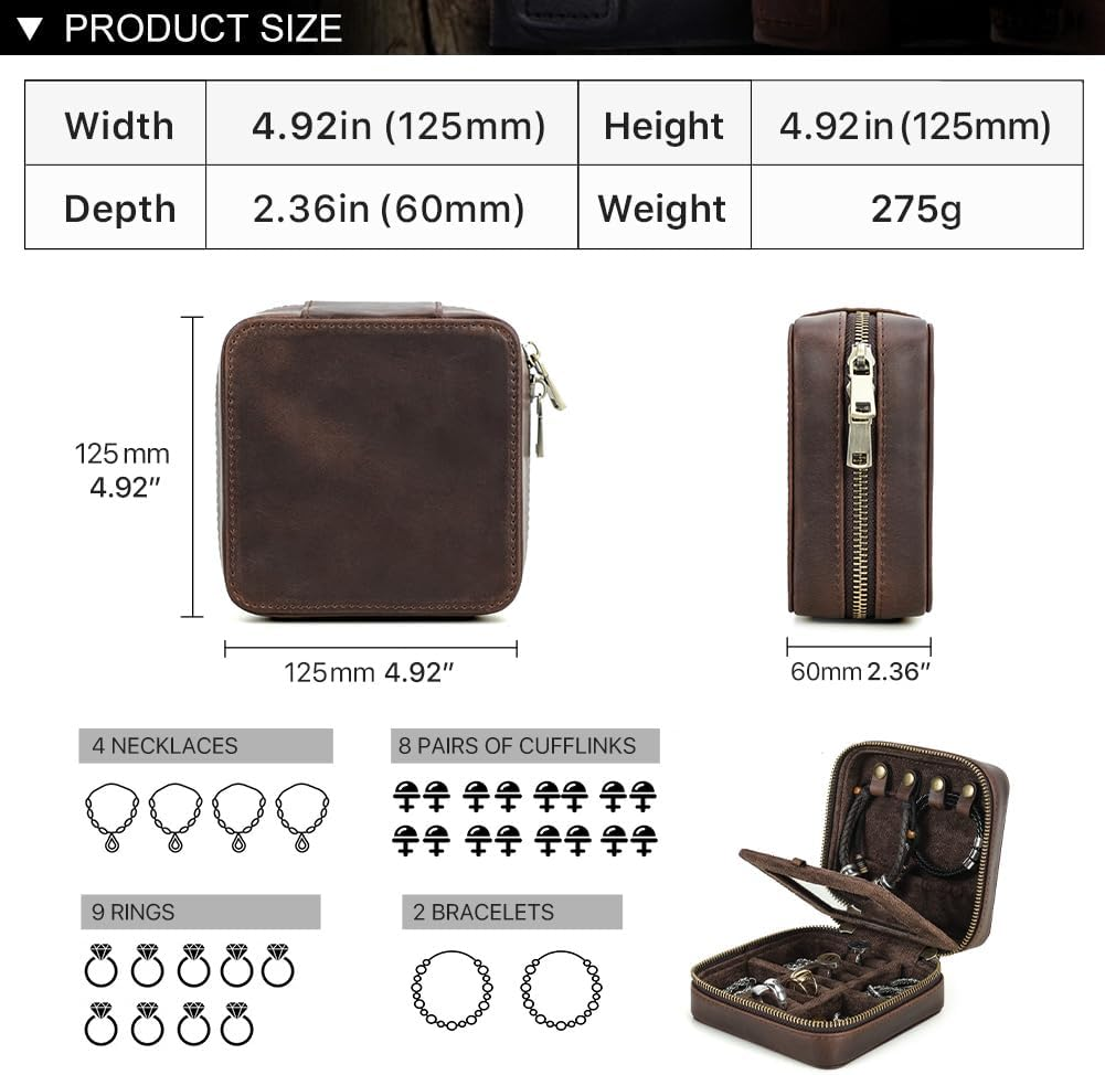 Contacts Genuine Leather Jewelry Box Travel Jewelry Storage Organizer for Men Portable Case for Cufflinks Ring Necklace Earrings with Mirror, Square+Mirror, Coffee image number 1