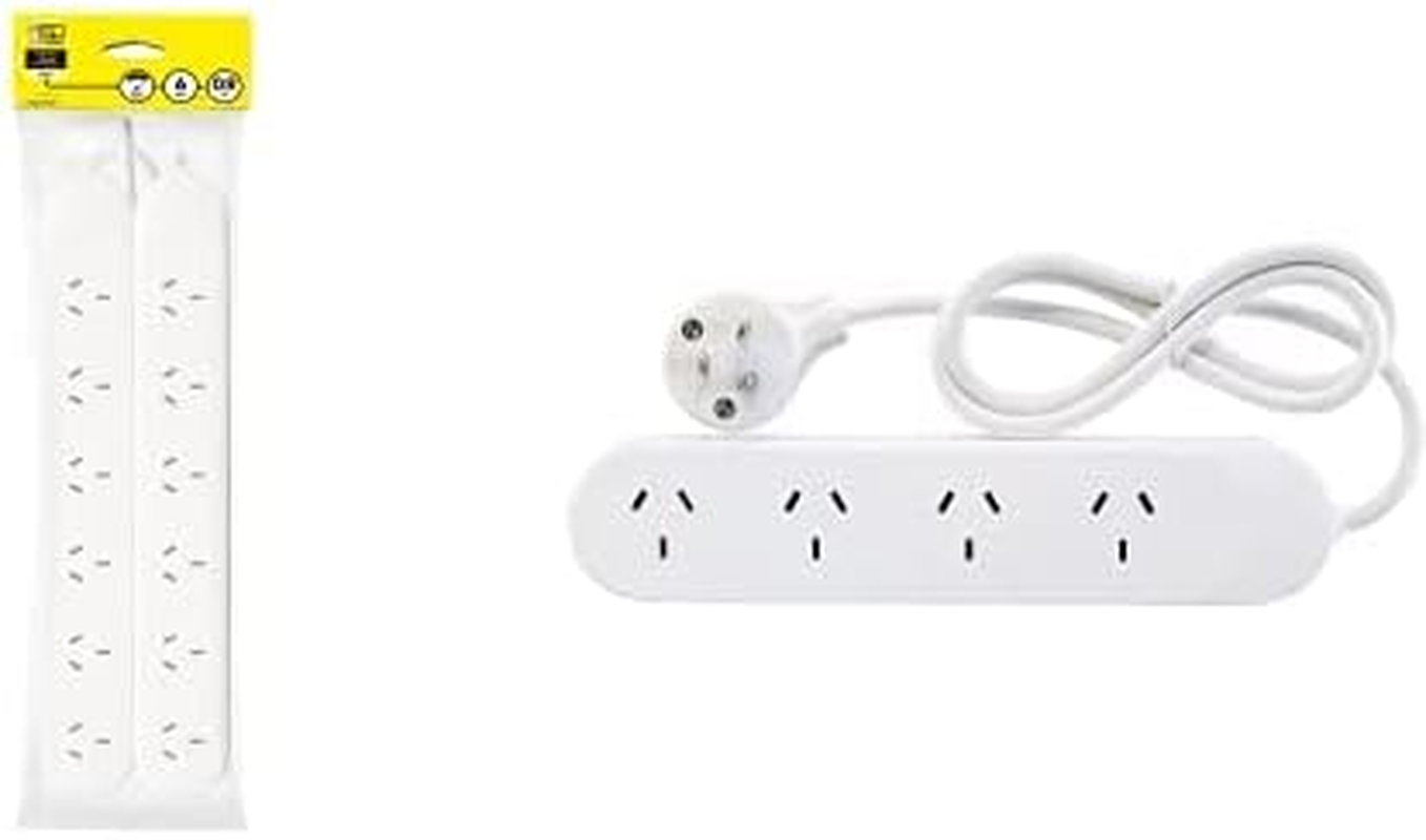 HPM Standard 6 Outlet Powerboard Pack of 2 + Standard 4 Outlet Powerboard White