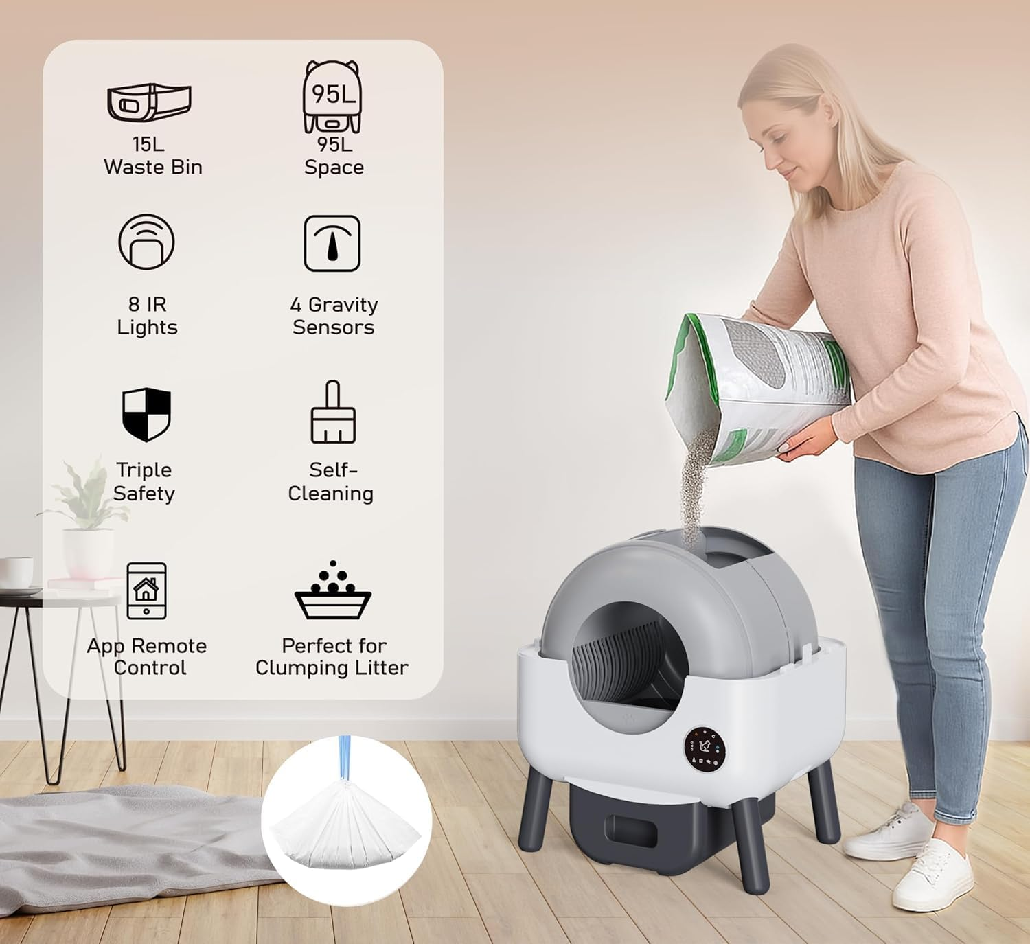 APEXORIGIN Self Cleaning Cat Litter Box, 76L+13L Extra Large Automatic Litter Box with Safety Protection, App Control, Odor-Free/Low Noise, Multi-Cat Design, Brush/Incense/2 Garbage Bags (White) image number 5