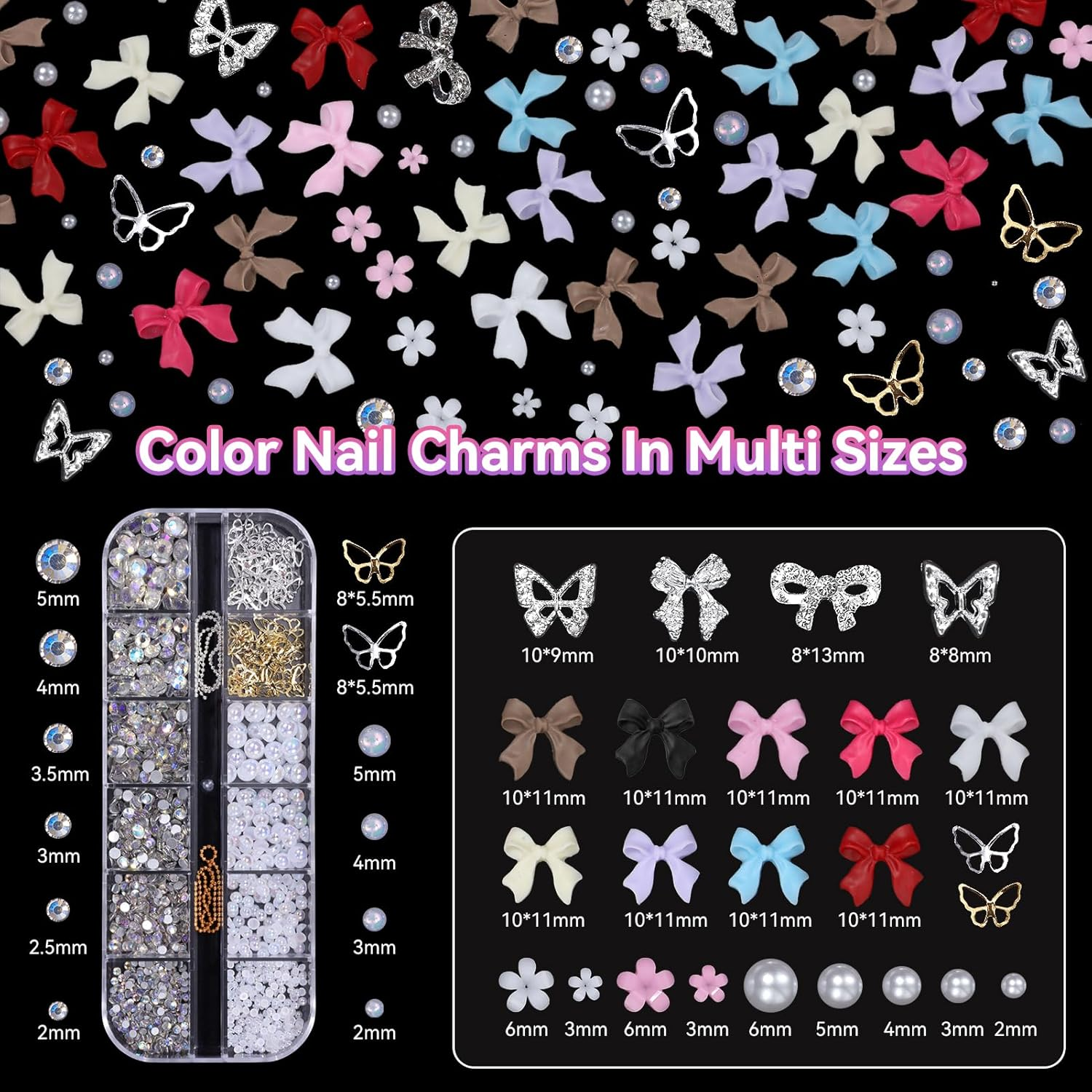 2 Boxes Mixed 3D Nail Charms and Rhinetones, Color Flower Bow Nail Art Charms, Half round Pearl Flatback AB Nail Gems, Butterfly Alloy Nail Charms DIY Nail Art Supplies Accessories image number 5