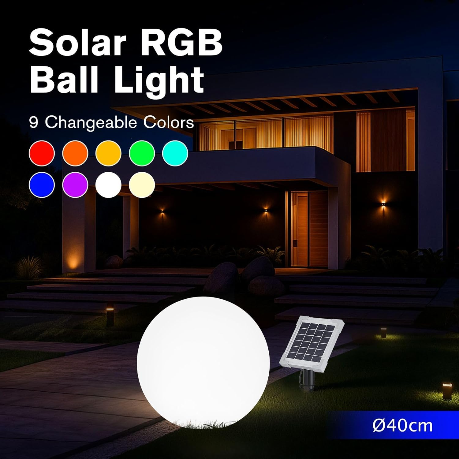 Garden Solar Light Outdoor RGB LED 9 Colour Changing Weatherproof Landscape Colourful Ball Lamp Decoration 40Cm Energy Powered Rechargeable Lighting image number 2