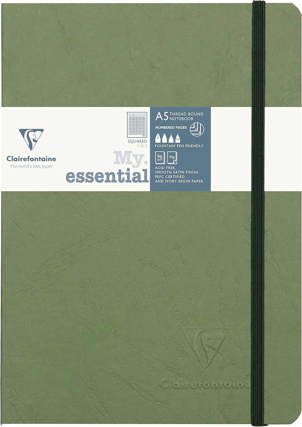 Clairefontaine 793425C Collection Age Bag One Stitched My.Essential Sewn Notebook Grey - A5 14,8X21 Cm - 192 Numbered Pages Small Squares - 90 G Ivory Paper - Glossy Card Cover Grain Leather