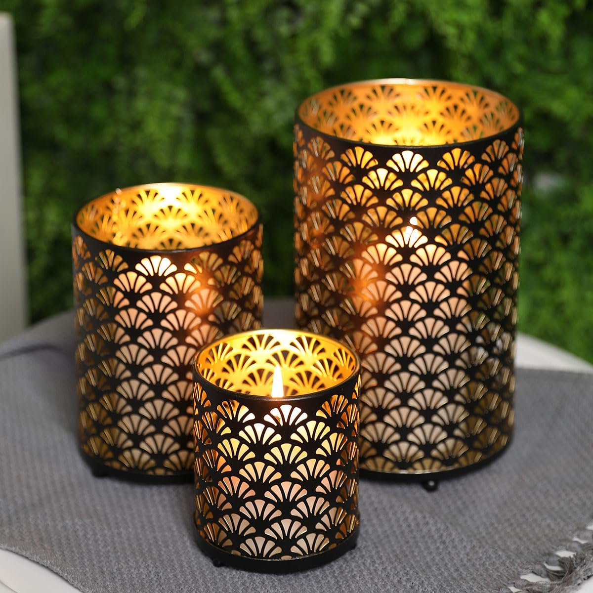 JHY DESIGN Set of 3 Metal Candle Holders Bronze Hurricane Pillar Candleholder Vintage Table Candlestick Holders Great Centerpieces for Home Decor Wedding Parties Events image number 5