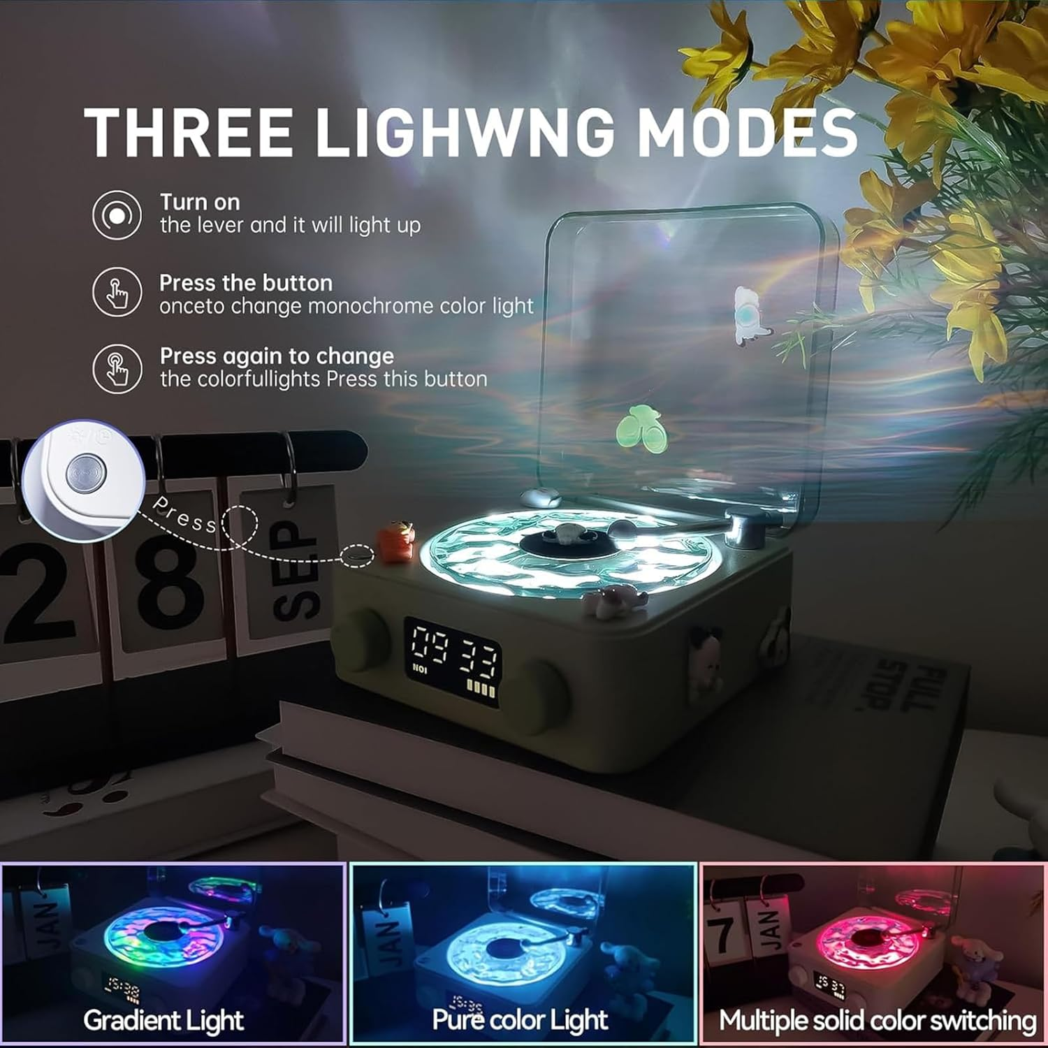 Jiawu the Waves Player, Waves Bluetooth Speaker, Creative Vintage Record Player Style Speaker with Adjustable Ambient Light for Bedroom, Ocean Sound White Noise Wave Speaker (Green) - Roseate image number 7