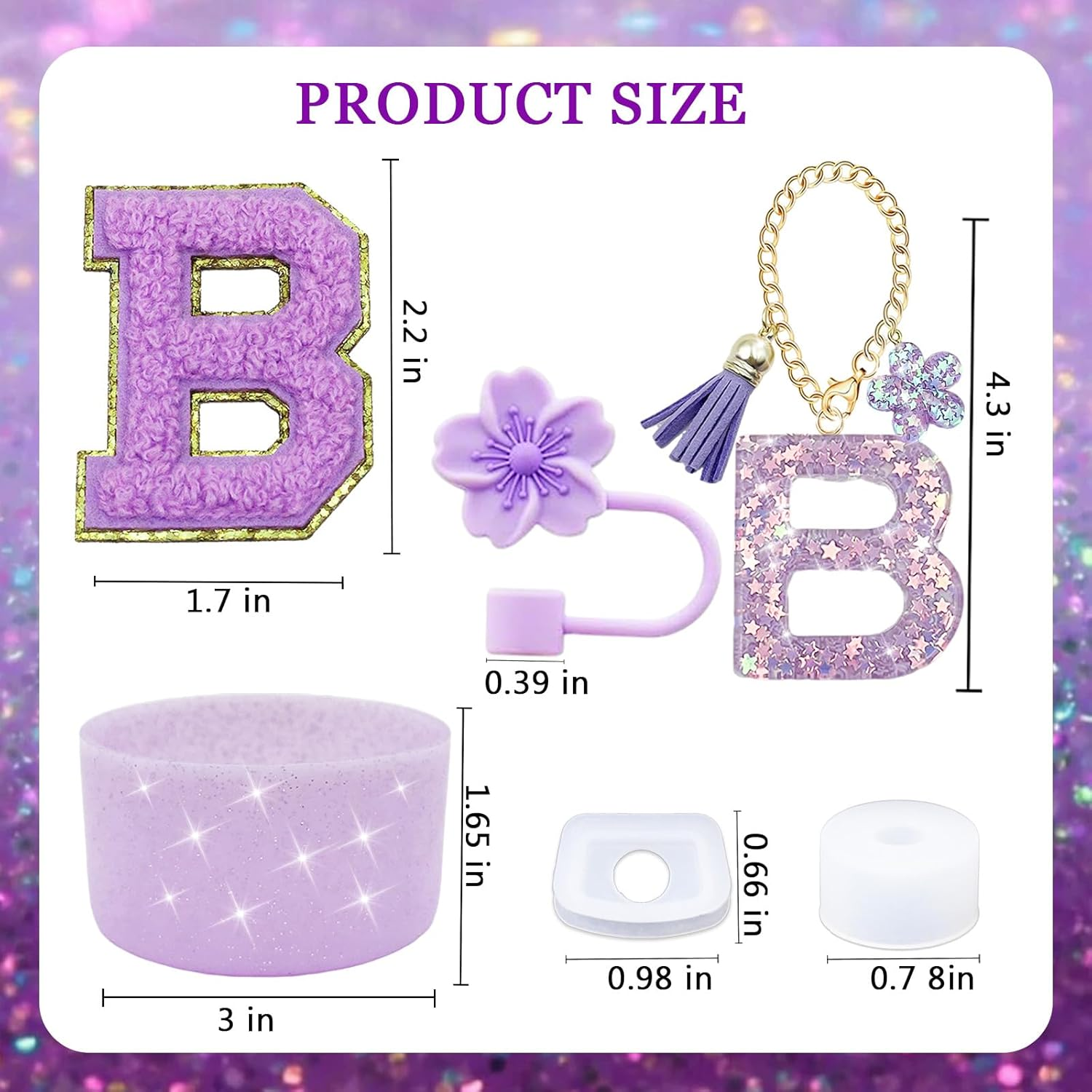 6PCS Cup Accessories Set for Stanley Cup 30Oz 40Oz Tumbler with Handle, Including Silicone Straw Topper Cover Cap and Boot, Spill Proof Stopper, Handle Charm, Initials Sticker(Purple B) - Purple B image number 3
