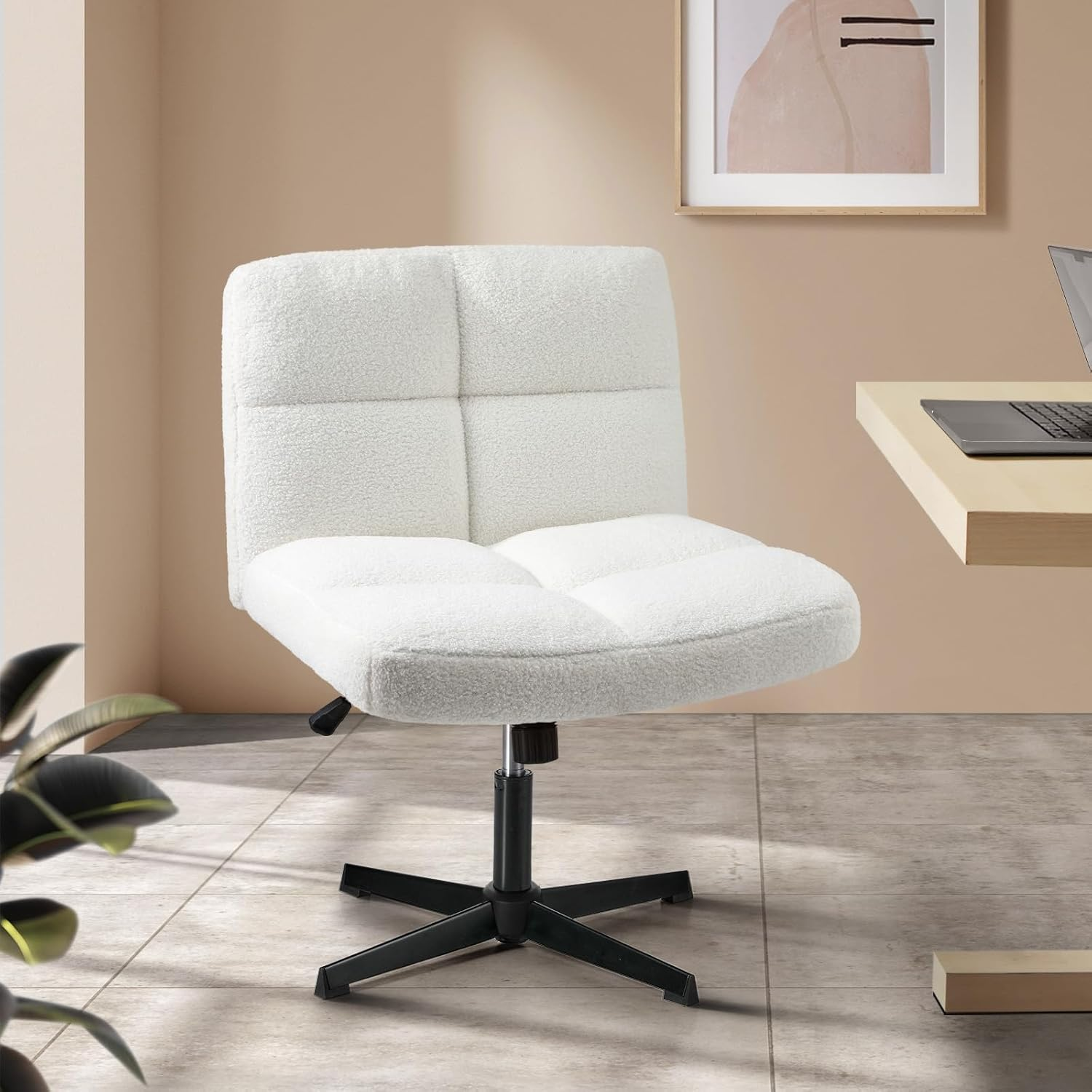 Oikiture Boucle Armless Office Chair with Mid Back and Wide Seat 360 Degree Rotatable Cross Chair White