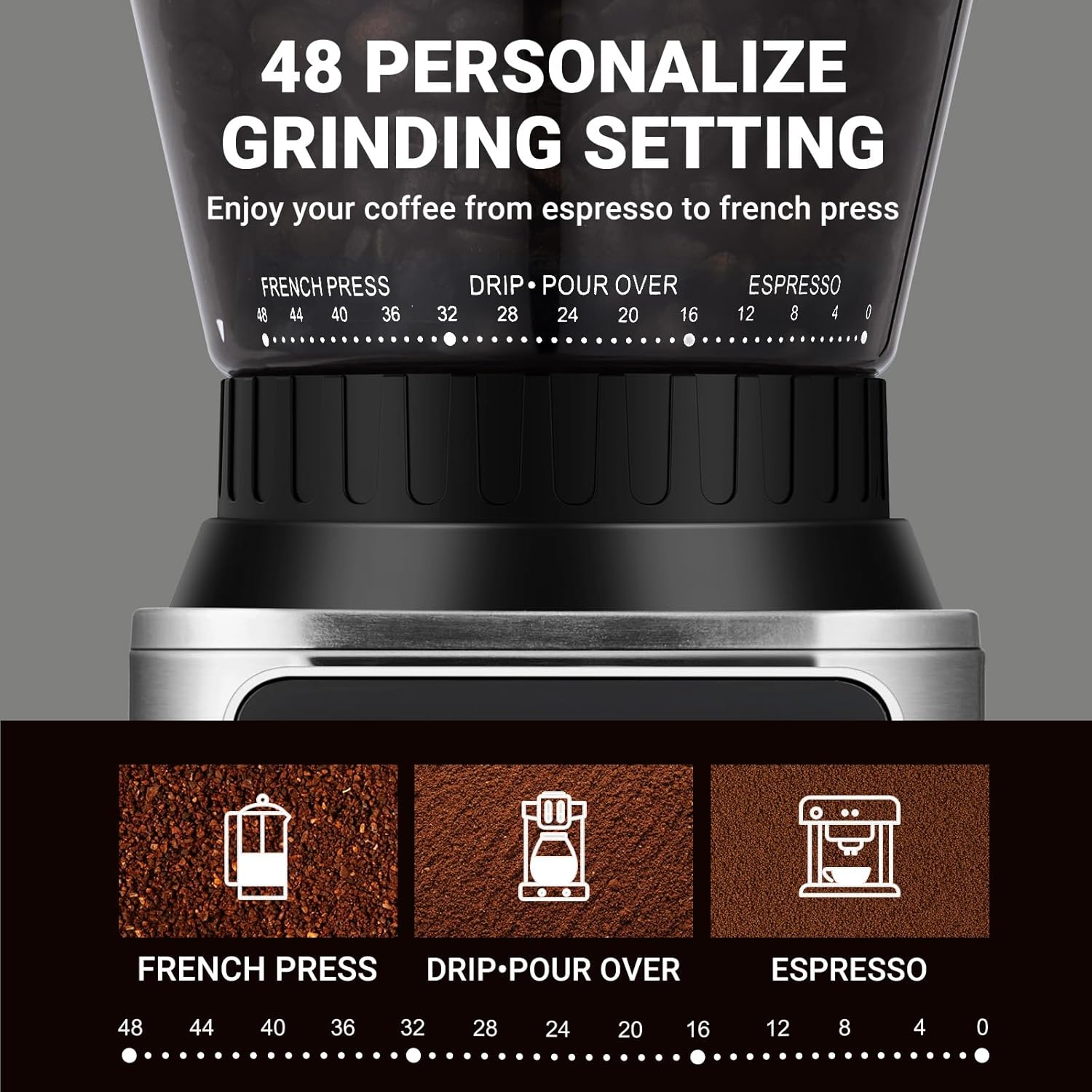 AMZCHEF Electric Coffee Grinder, Conical Burr Grinder with 48 Precision Grind Settings, LED Panel Control, Detachable Funnel Stand for Espresso, Drip, French Press, Easy to Clean, Stainless Steel image number 2