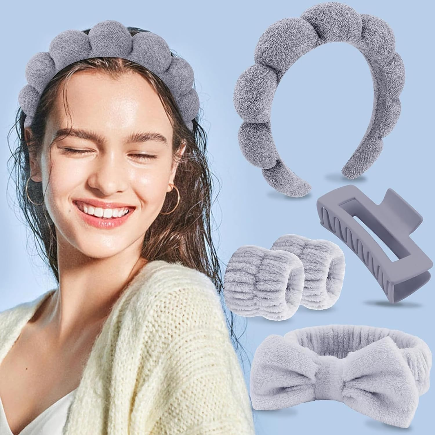Skincare Headband, Makeup Headband Set with Wristbands, Grey Face Wash Headband and Wristband Set for Skincare, Makeup Removal, Shower, Includes Headband, Hair Clip and Wristbands image number 4