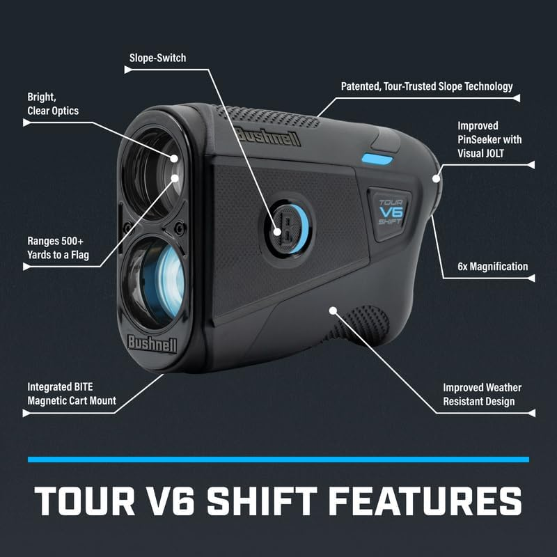 Bushnell Golf Tour V6 Shift Laser Rangefinder with Slope Compensation, 1300-Yard Range, Flag Lock Vibration, Magnetic Cart Mount, 6X Magnification, Waterproof &ndash; Tournament Legal image number 2