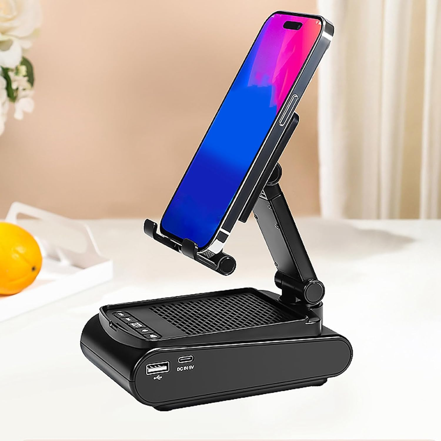 Asixxsix Cell Phone Stand with Wireless Speaker, anti Slip Foldable Adjustable Phone Tablet Holder Speaker HD Surround Sound with Charging Cable for Home Office Outdoor image number 5