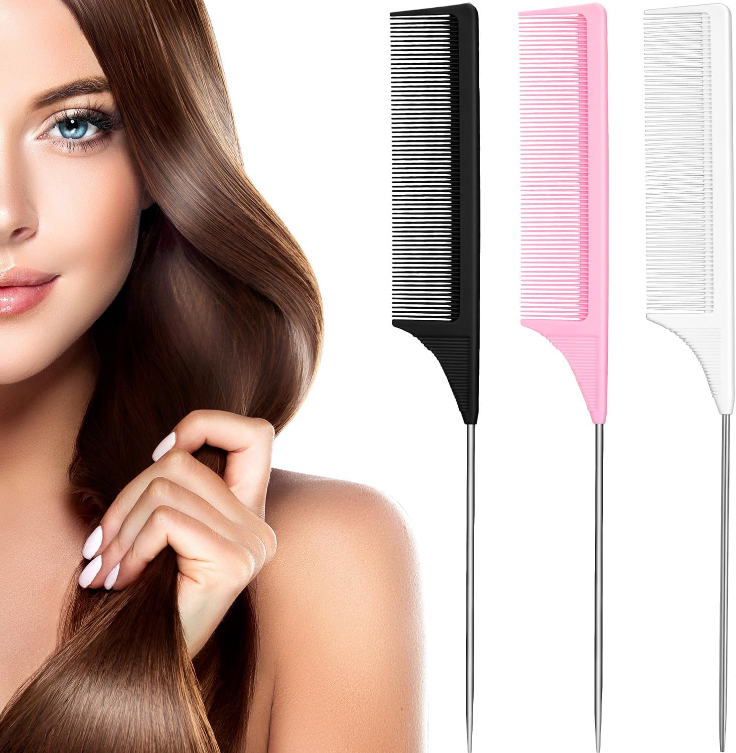 3 Packs Pink Rat Tail Comb Fiber Teasing Combs Rat Tail Lifting Combs Styling Combs, Carbon Fiber and Stainless Steel Pintail for Hair Salon or Home Supplies