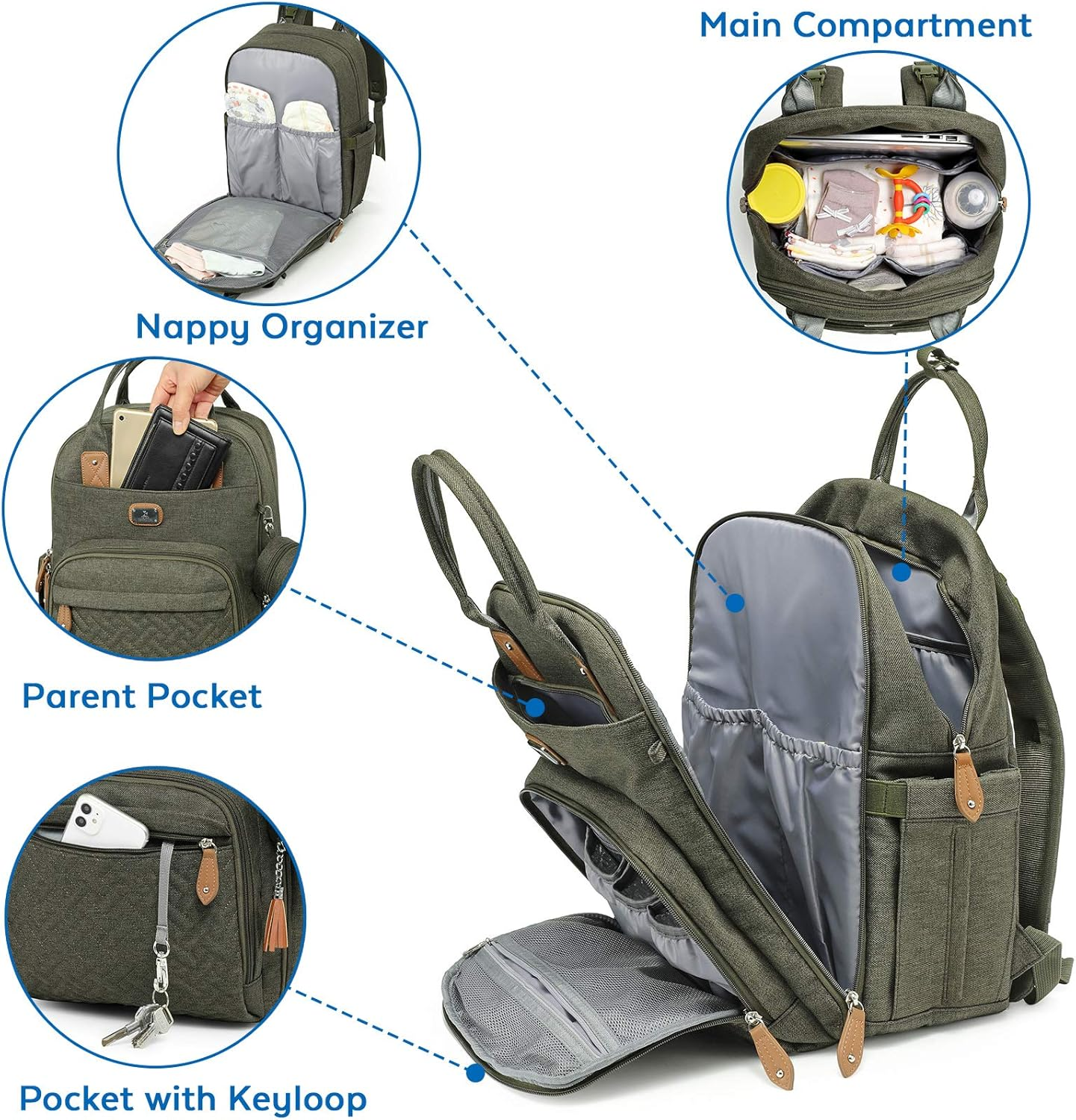 Dikaslon Changing Bag Backpack, Large Nappy Back Pack Multifunction Baby Bags with Portable Changing Mat, Pacifier Holder, and Stroller Straps, for Mom and Dad image number 4