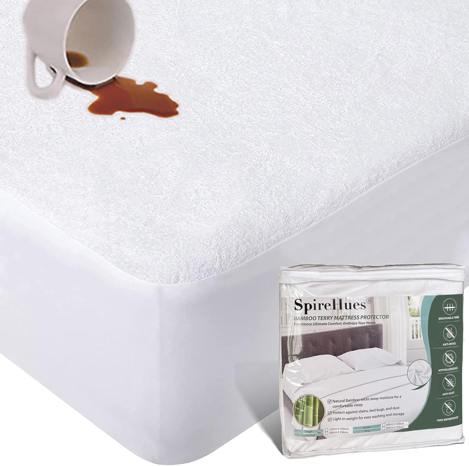 Spirehues 100% Waterproof Bamboo Terry Mattress Protector, Breathable & Durable, Deep Pocket Fitted Cover, King (183X203+38Cm) image number 2