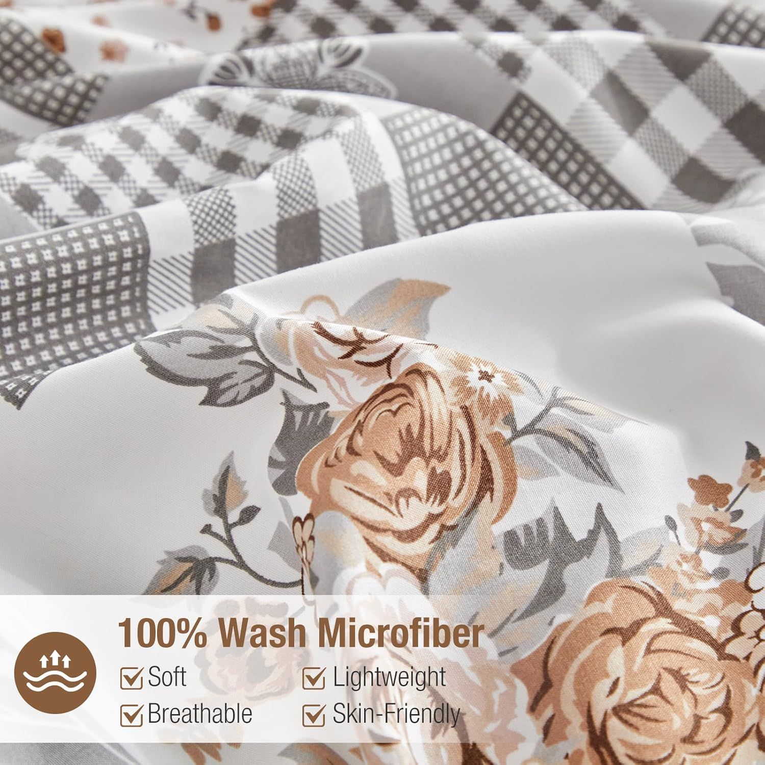 Tokokimo Duvet Cover 220 X 240 Cm with 2 Pillowcases 65 X 65 Cm - Bohemian Patchwork Floral Pattern - 100% Microfibre Bedding Set 220 X 240 Cm for Adults with Zips, Khaki image number 3