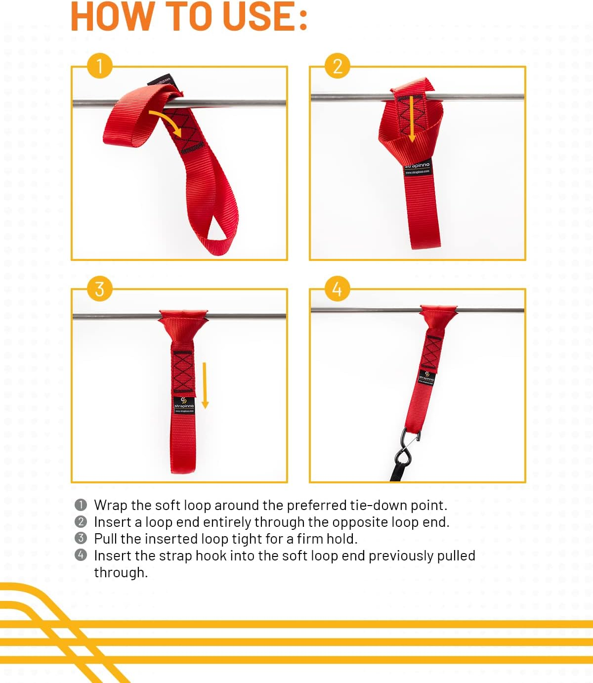 Strapinno 4Pcs. Soft Loop Tie-Down Straps -1.7 in X 17 in Straps with 10,500Lbs Breaking Strength and 3,500Lbs Working Load Limit Each, Ideal for Securing ATV, UTV, Vehicles, and Other Equipment(Red) image number 6