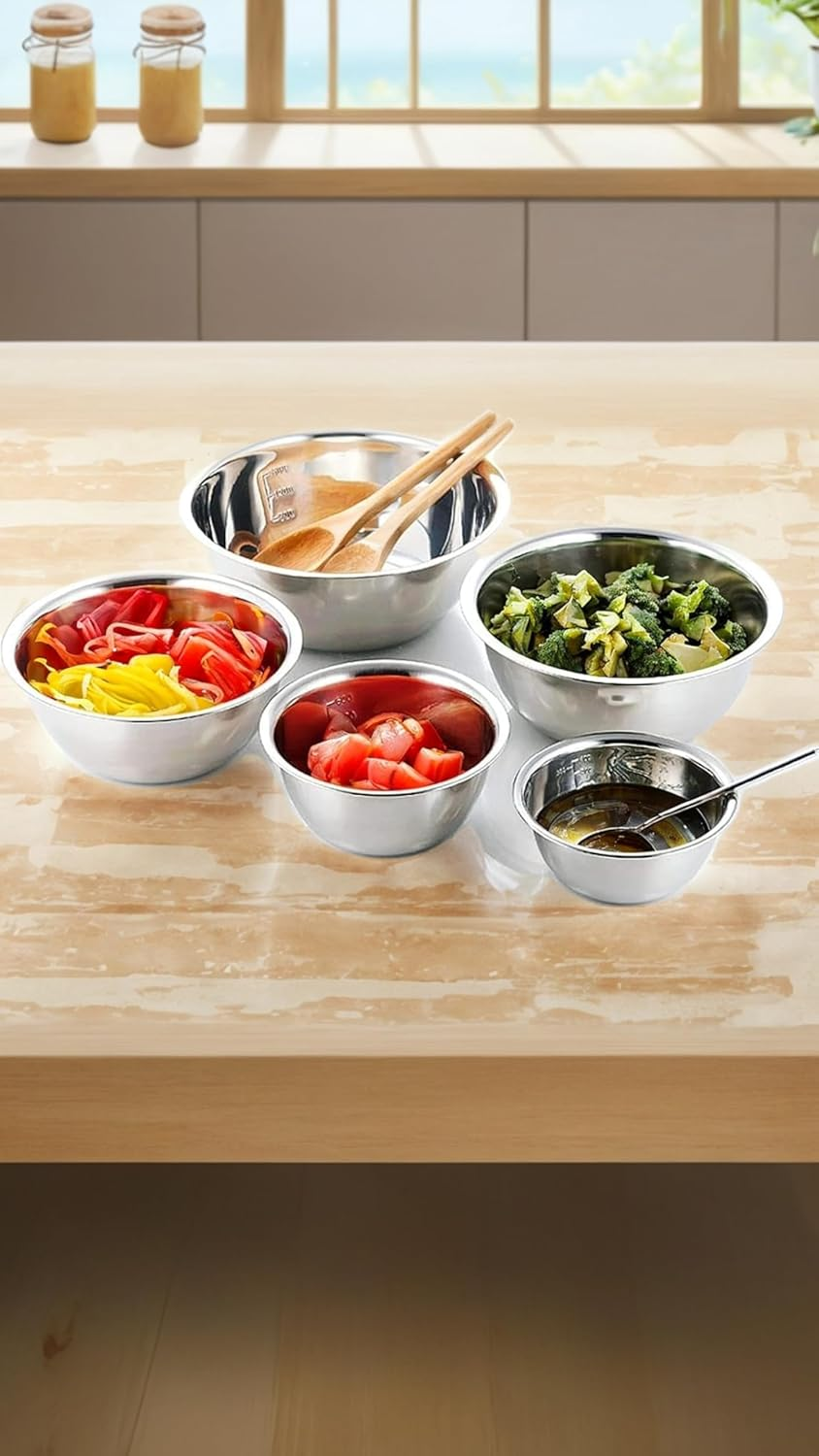 5-Piece Stainless Steel Mixing Bowl Set, Premium Nesting Design for Space-Saving Storage, Easy-Grip Handles, for Cooking, Baking, and Food Prep, Durable Metal Bowls image number 3