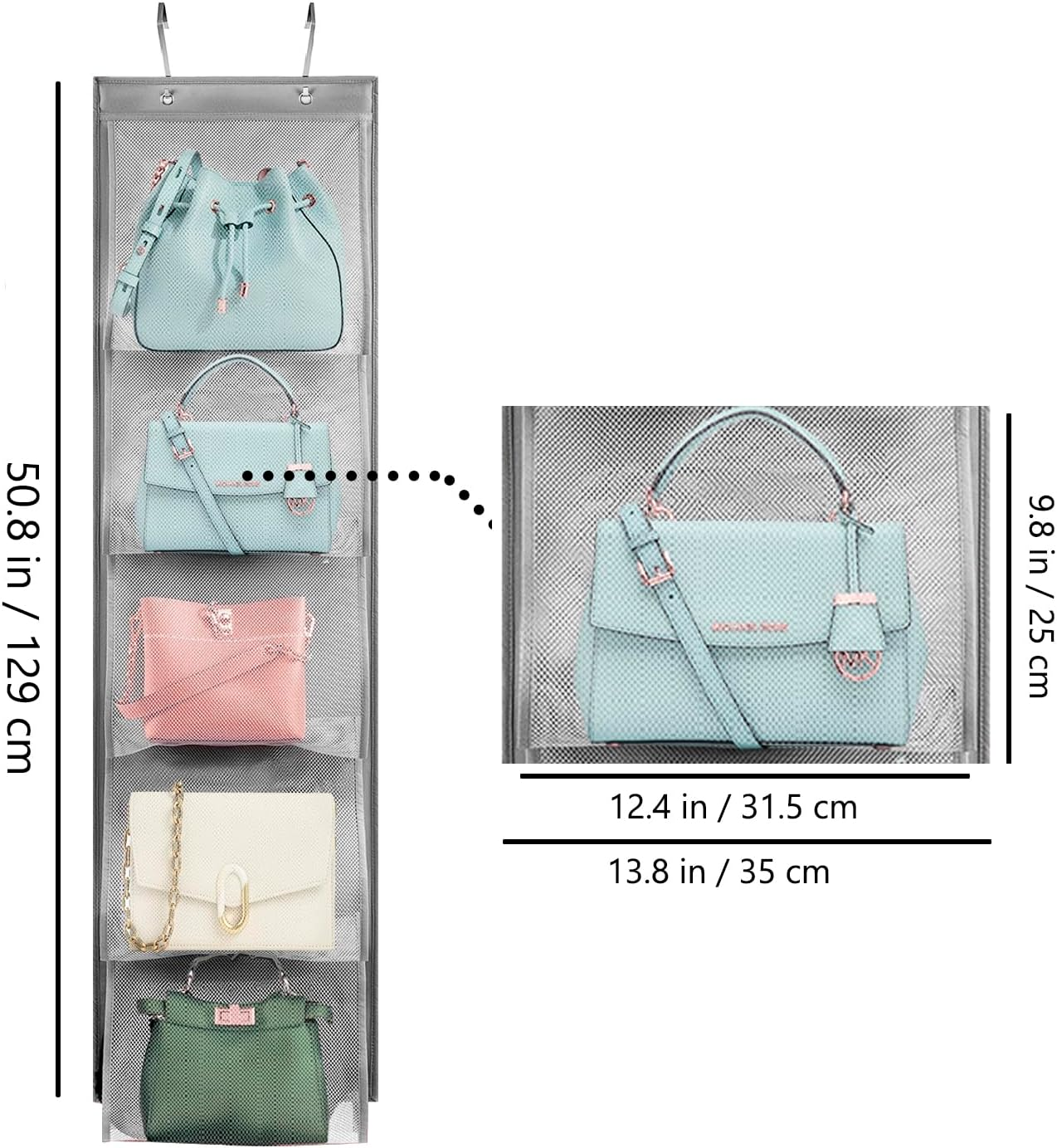 TEMUORG 2 Pcs Hanging Handbags Organizer Closet Scarf Clothes Towels Holder Purse Bag Storage with Easy Access Deep Pockets (One Side) image number 3