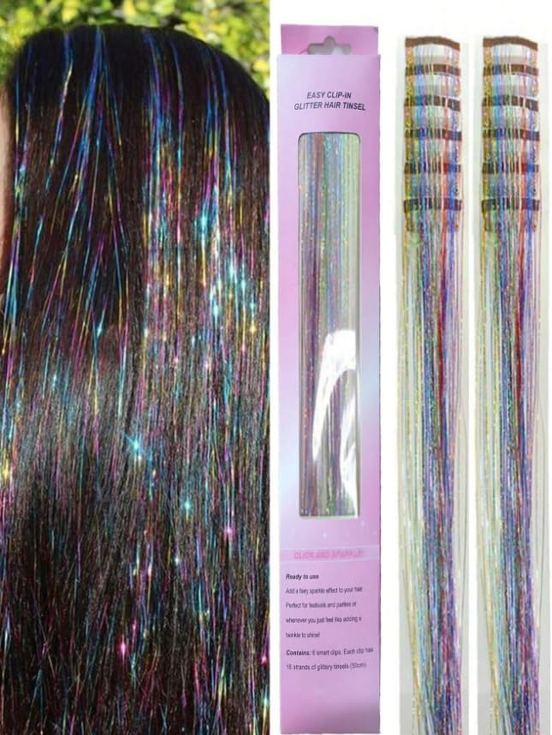 6 Pieces Clip in Glitter Tinsel Hair Extensions. Festival, Party, Dress Up, Glamour, Glitter 20 Inches - Heat Resistant (Bright Blue) - Bright Blue image number 4